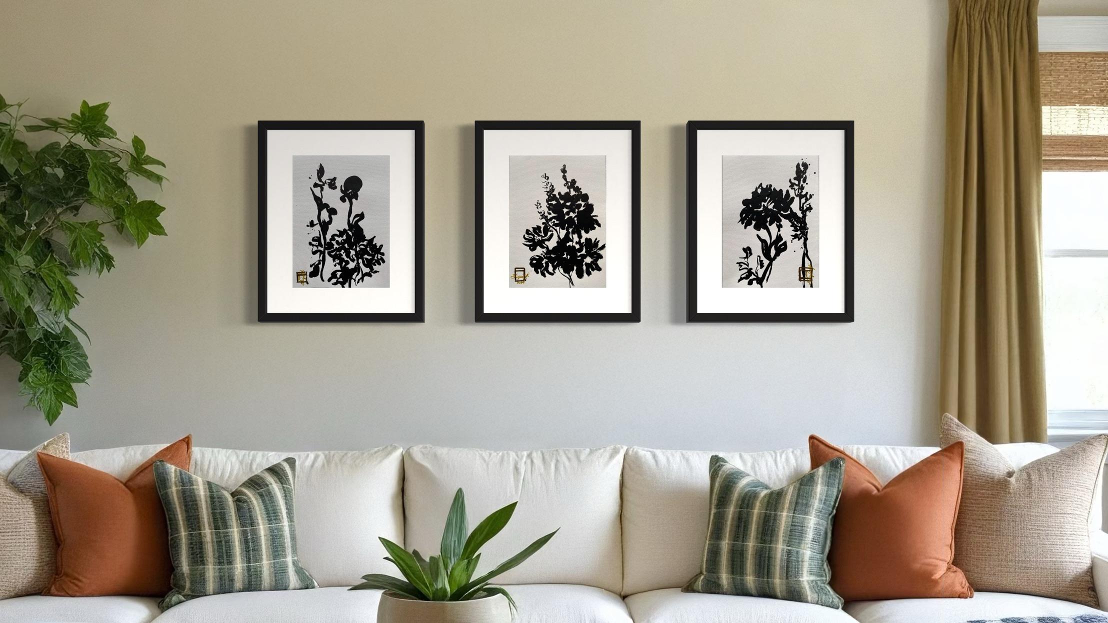 Original Triptych Ink on papers-Dahlias-Plein Air-Brit Awarded Artist--Nostalgia - Gray Abstract Drawing by Shizico Yi
