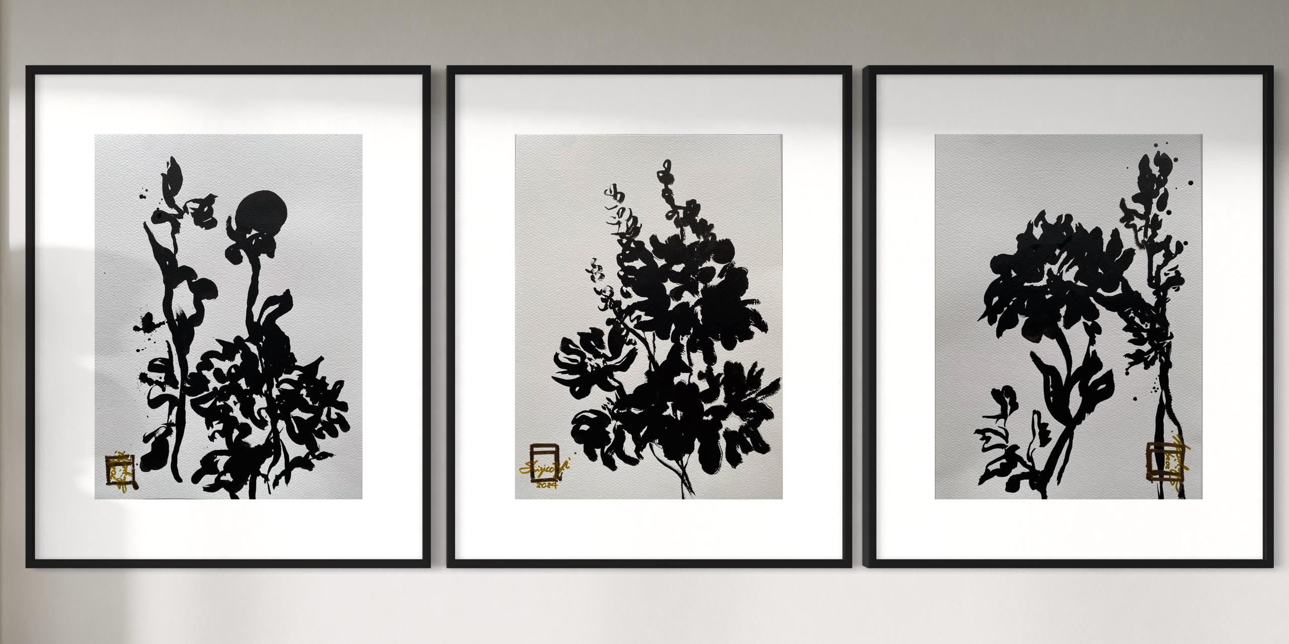 Shizico Yi Abstract Drawing - Original Triptych Ink on papers-Dahlias-Plein Air-Brit Awarded Artist--Nostalgia