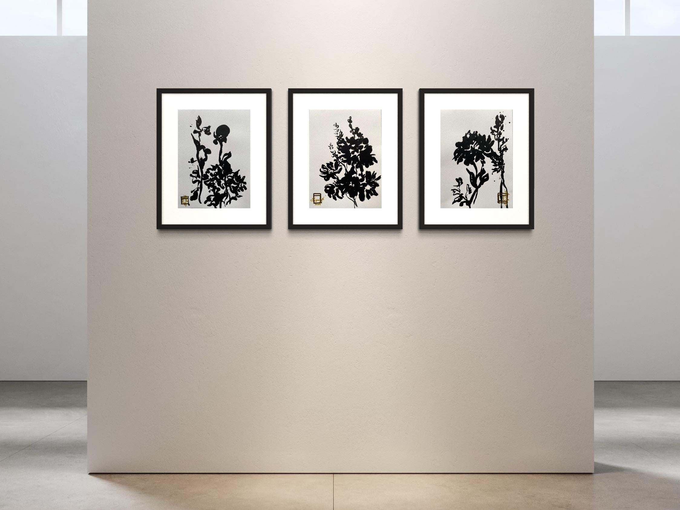 Original Triptych Ink on papers-Dahlias-Plein Air-Brit Awarded Artist--Nostalgia 6
