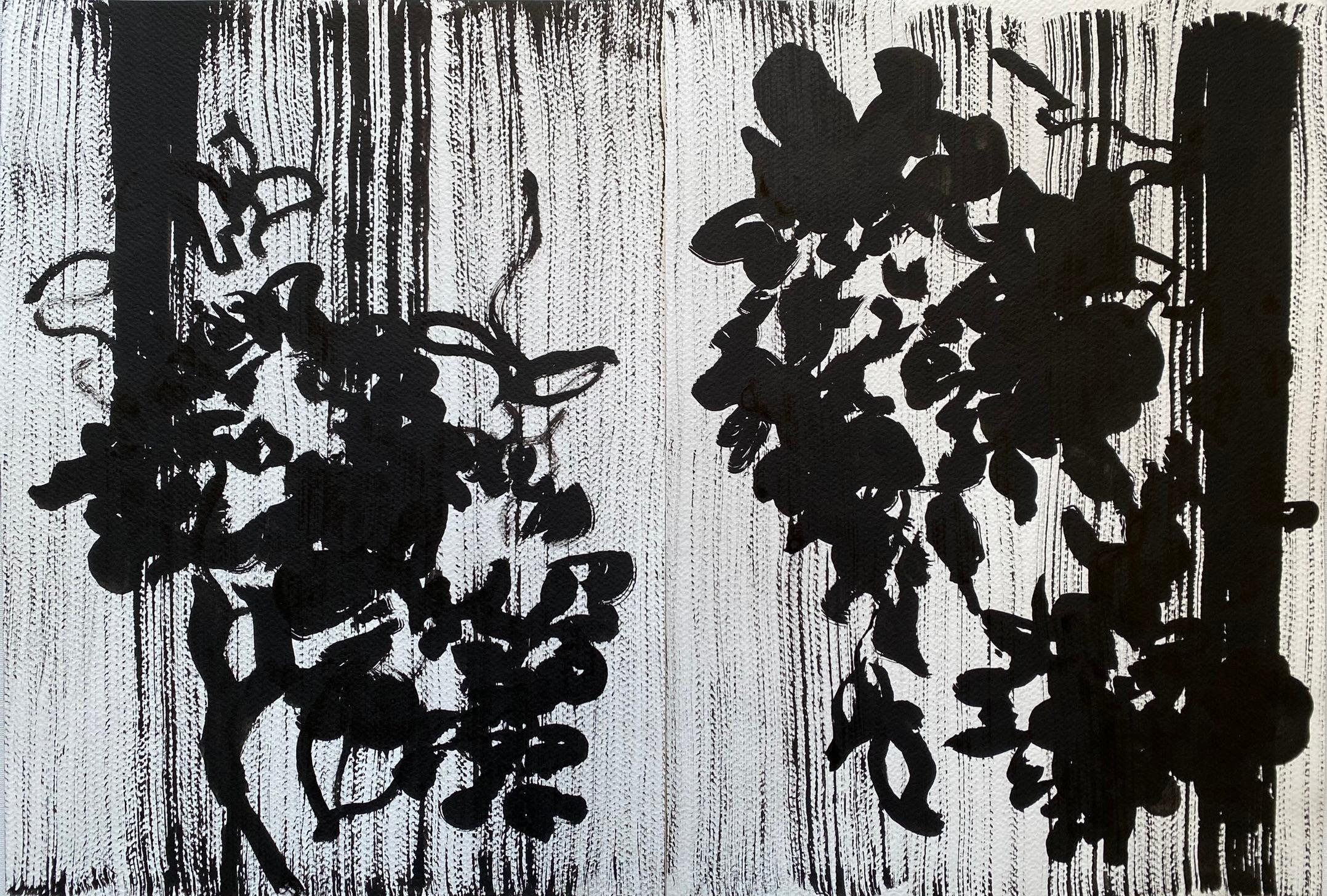 Shizico Yi Abstract Painting – Original Diptychon Tinte auf Papieren-Dahlias in Hölzern-British Awarded Artist-Nostalgia
