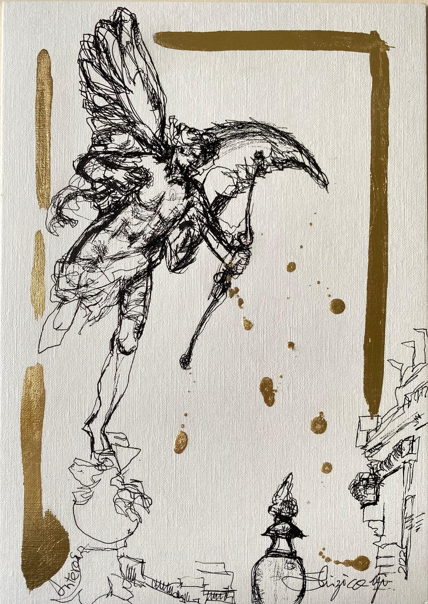 Original Angels of London-Diptych British Awarded Artist-Ink+gold leaf Drawing - Painting by Shizico Yi