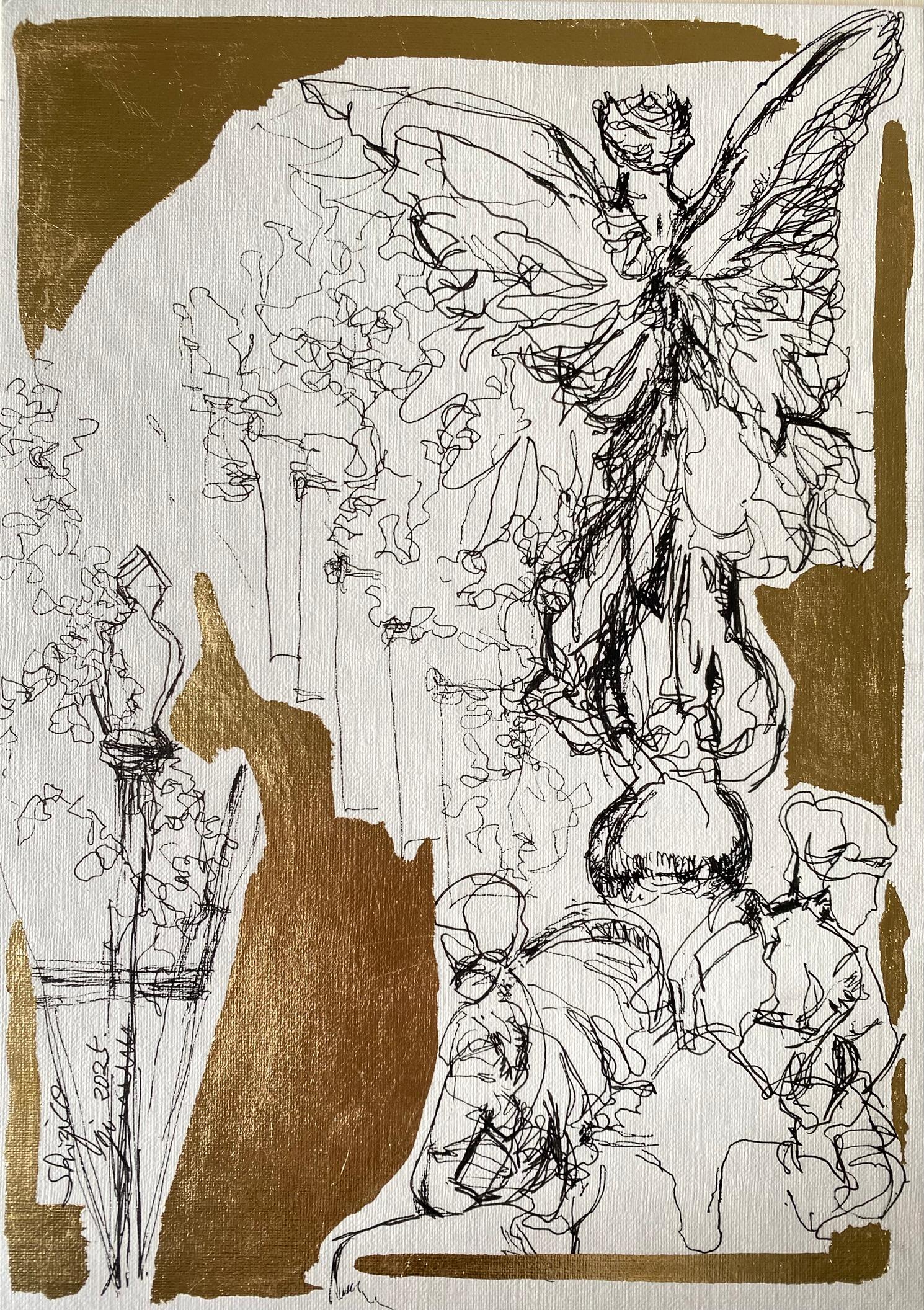 Original Angels of London-Diptych British Awarded Artist-Ink+gold leaf Drawing - Contemporary Painting by Shizico Yi