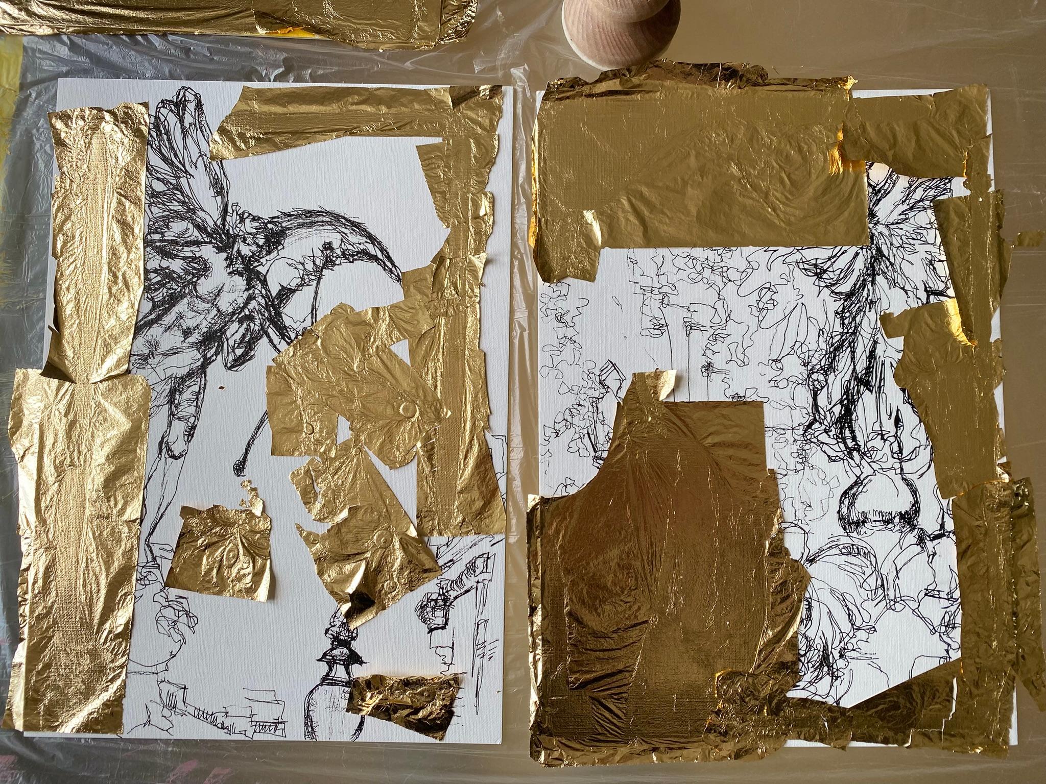 Original Angels of London-Diptych British Awarded Artist-Ink+gold leaf Drawing For Sale 15