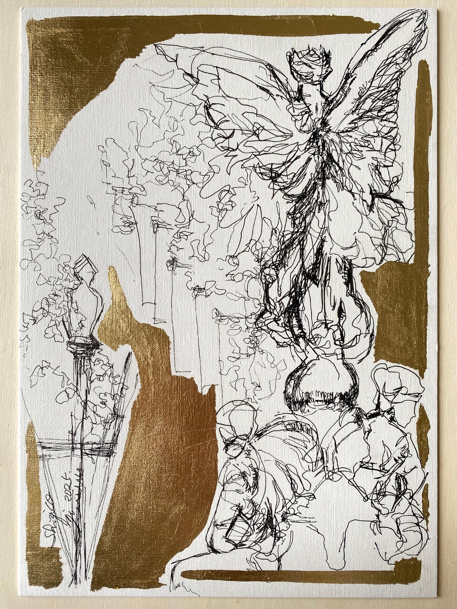 Original From London with Love-British Awarded Artist- Ink+Gold leaf Drawing - Painting by Shizico Yi