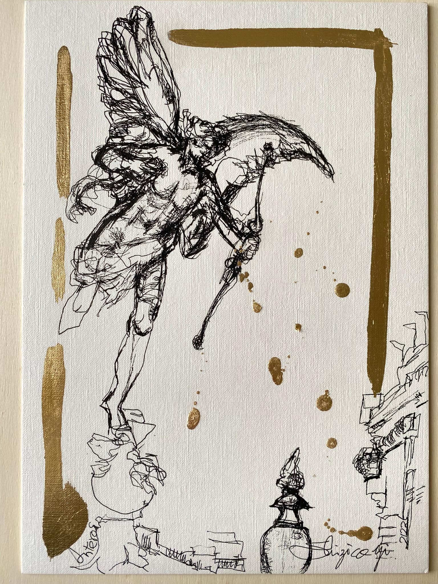 Dessin original à l'encre et à la feuille d'or - Artistique britannique primé - De Londres avec amour - Painting de Shizico Yi