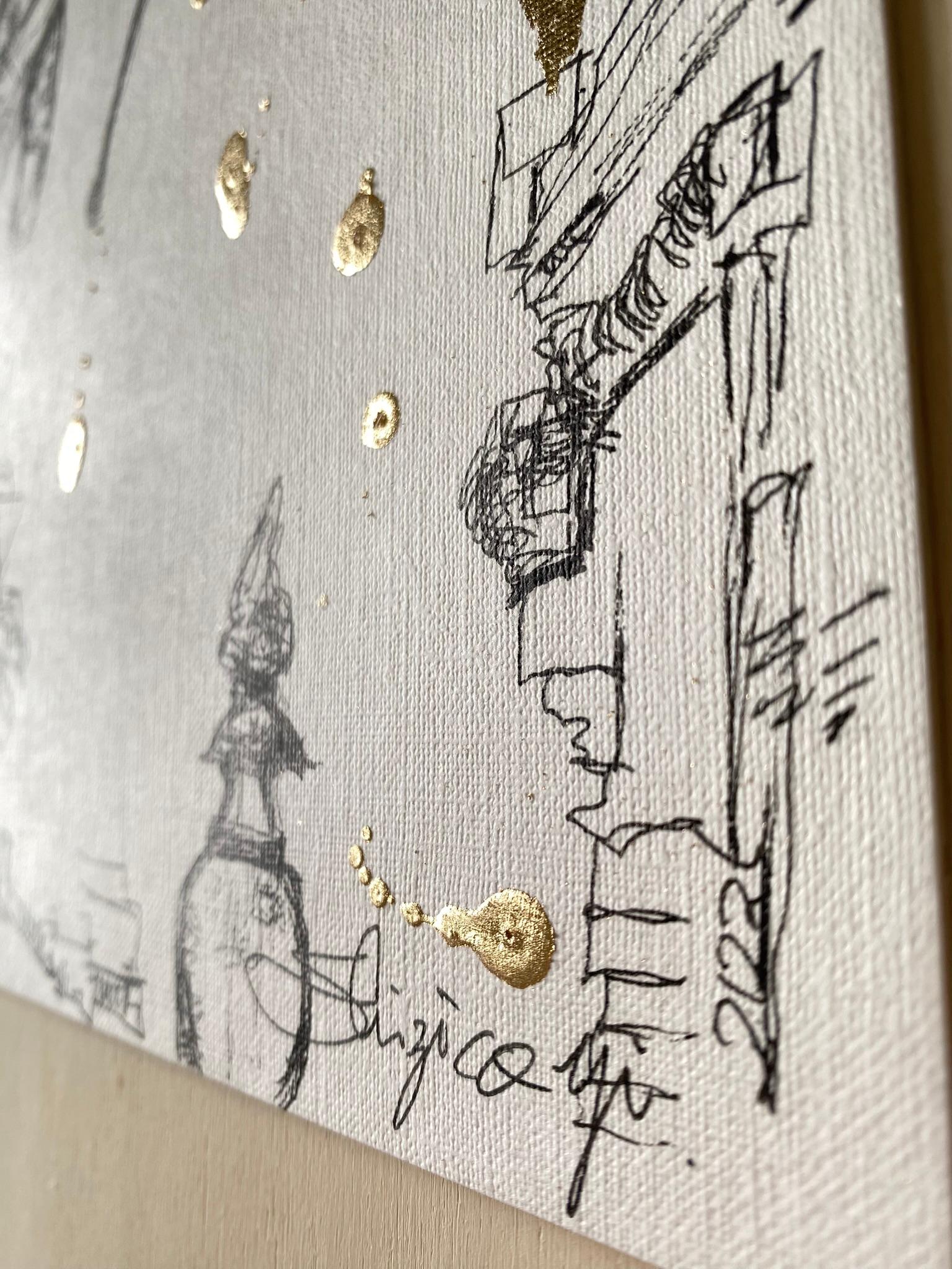 Dessin original à l'encre et à la feuille d'or - Artistique britannique primé - De Londres avec amour en vente 12