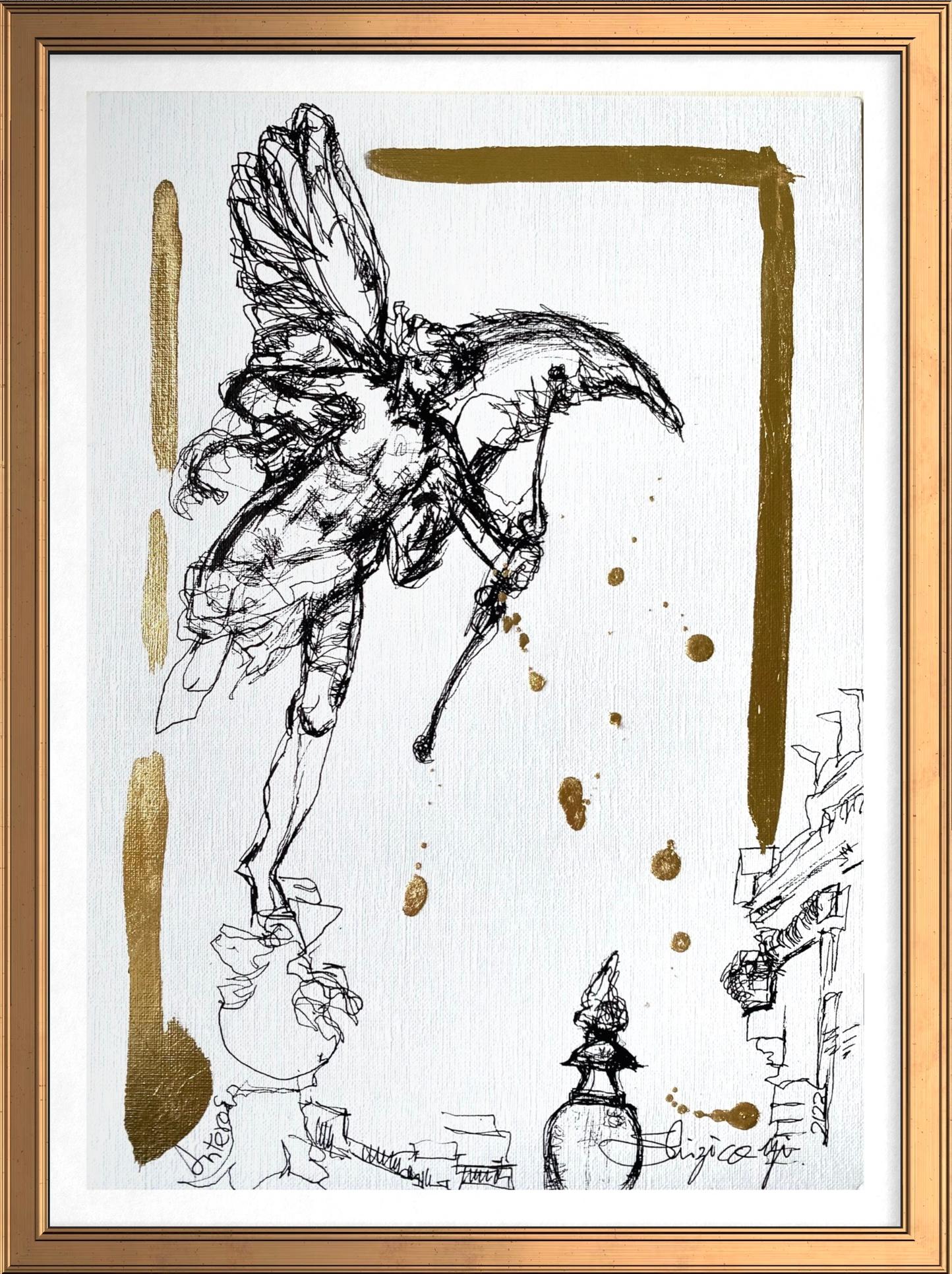 Dibujo original en tinta+hoja de oro-Artista británico premiado-Desde Londres con amor