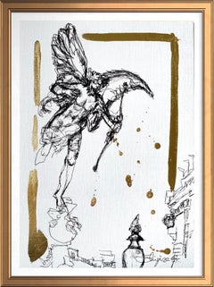 Disegno originale a inchiostro+foglia d
oro-Artista britannico premiato-Da Londra con amore