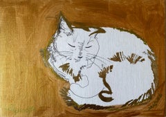 Original-Breakfast with Cat-British Awarded Artist-Goldleaf, ink, gold on paper