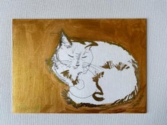 Original - Petit-déjeuner avec chat - Artiste britannique primé - Feuille d'or, encre, or sur papier