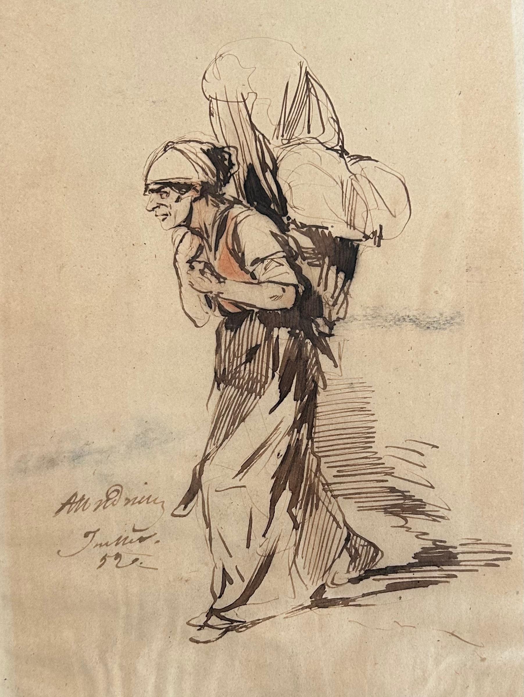 Unknown Figurative Art - Woman carrying a burden