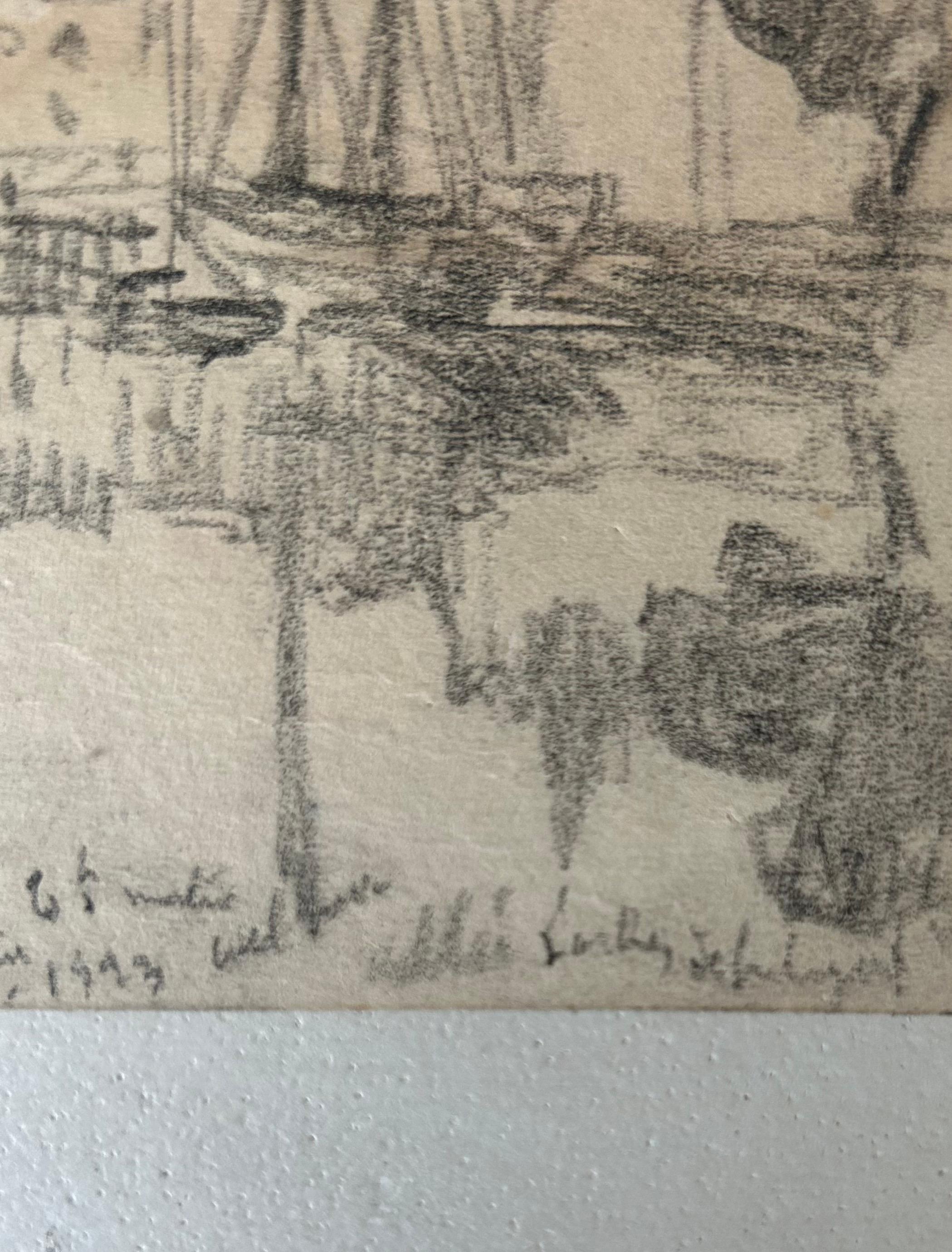Dessin représentant une vue du port de Vannes. Les influences de l'art du début du XXe siècle se font ressentir, notamment Maximilien Luce.

Le dessin est signé en bas à gauche : à déchiffrer. Il est daté et situé.

Dimensions : 16.5 x 11.5

Envoi
