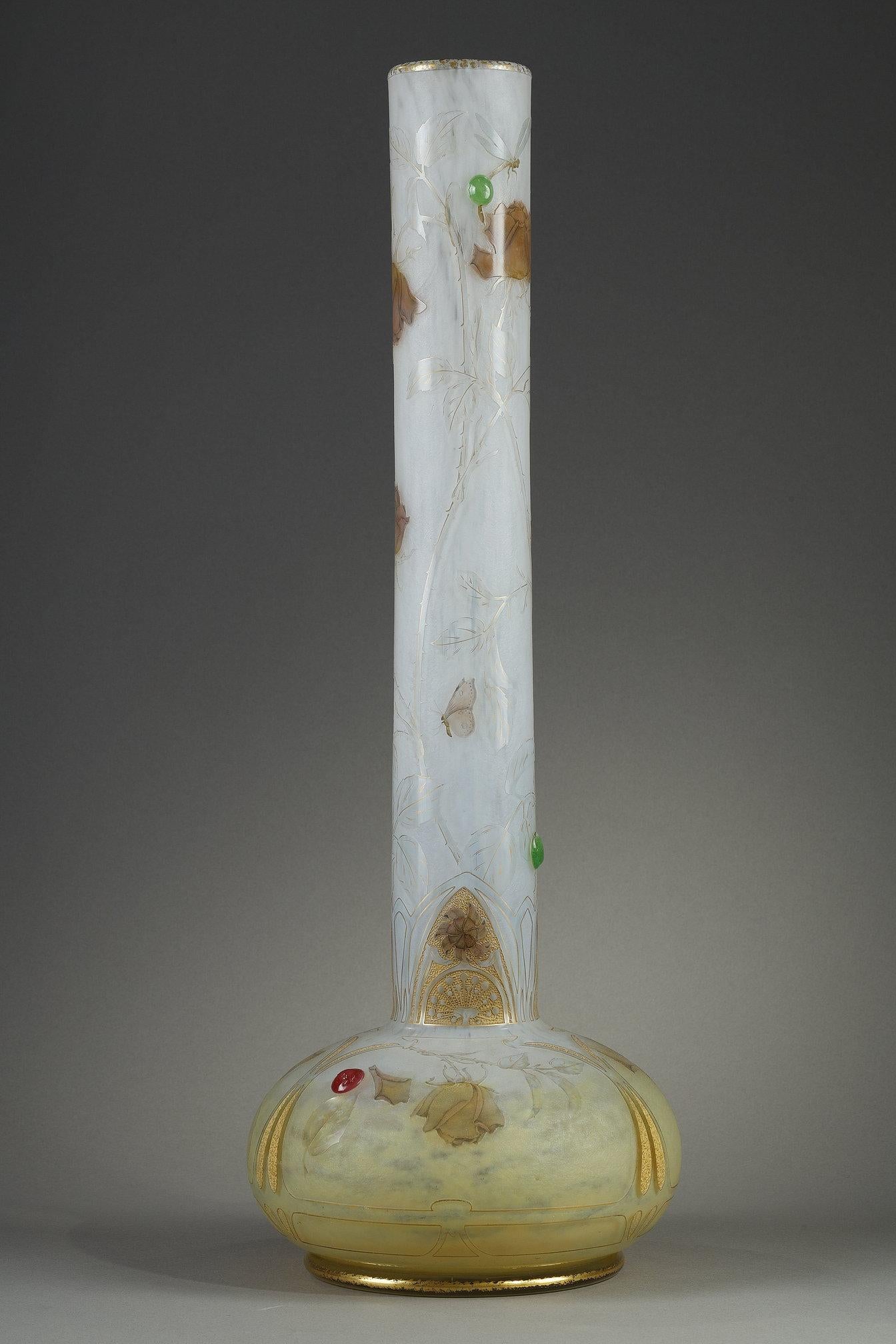 A tall bud vase with a butterfly - Art by Daum
