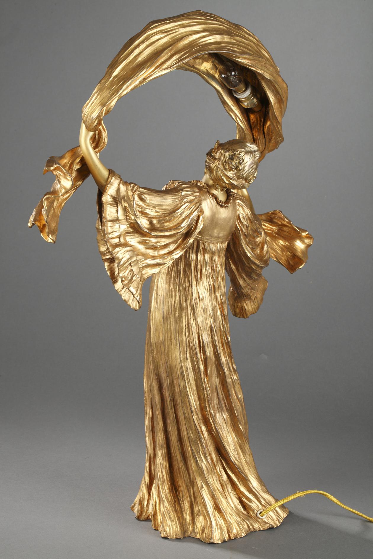 Lampe « Danseur avec l'écharpe » - Art nouveau Sculpture par Agathon Léonard