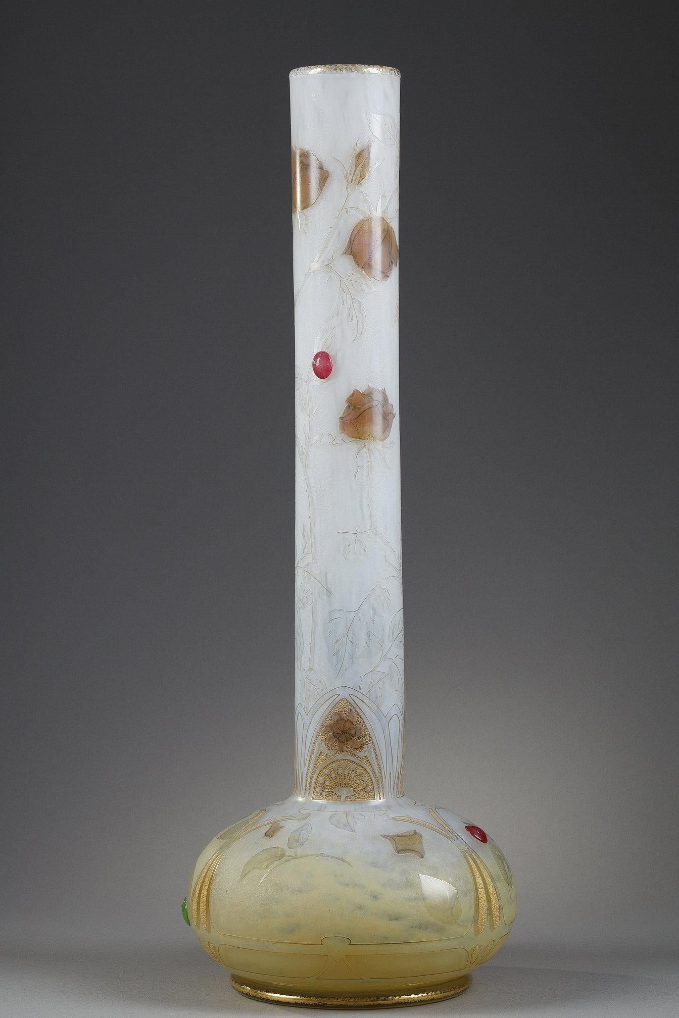 A tall bud vase with a butterfly - Art Nouveau Art by Daum