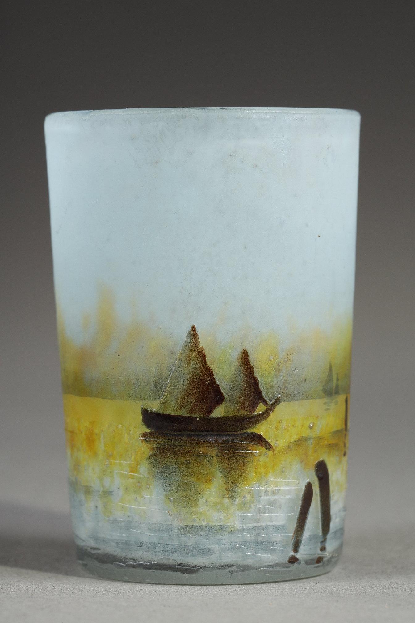 Miniature with Venetian landscape
by DAUM

Miniature in the shape of a tumbler
with Venitian landscape decoration
Cameo blown-molded glass
Decor acid-etched and painted in enamel 
heightened with warm yellow and blue colours

Signed underneath 