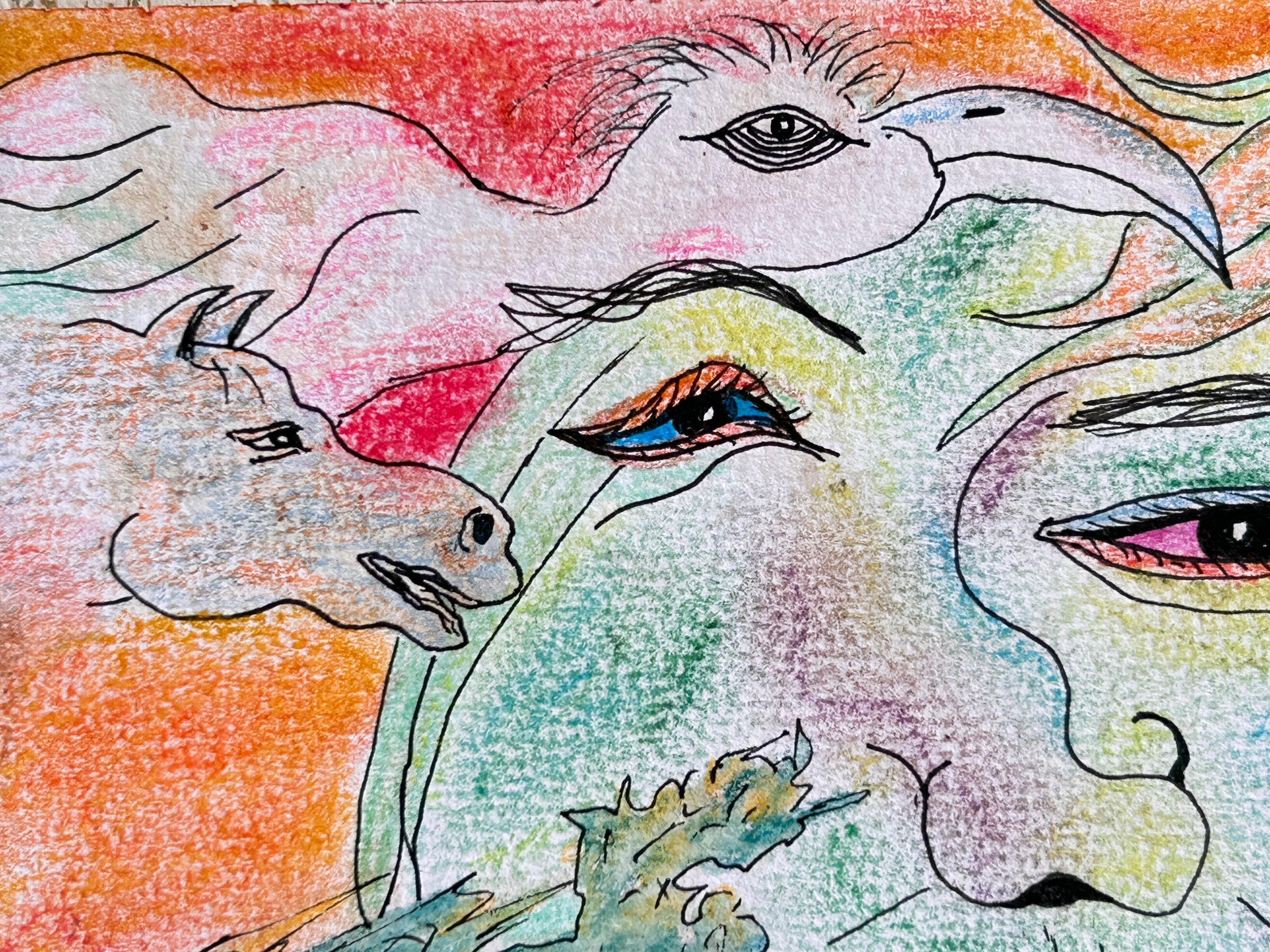 Zeichnung, Pastell, Tinte und Buntstifte. 