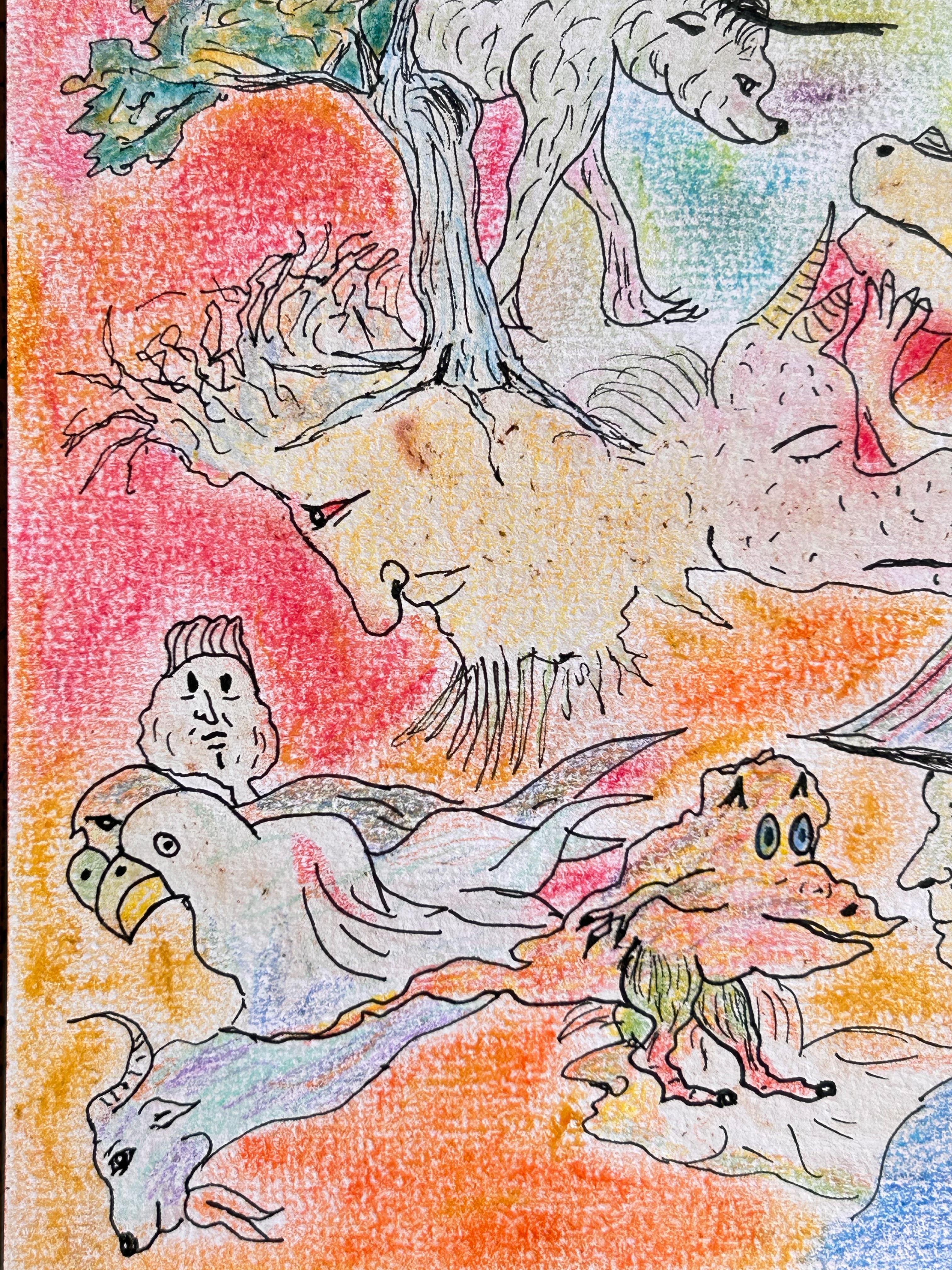 Zeichnung, Pastell, Tinte und Buntstifte. 