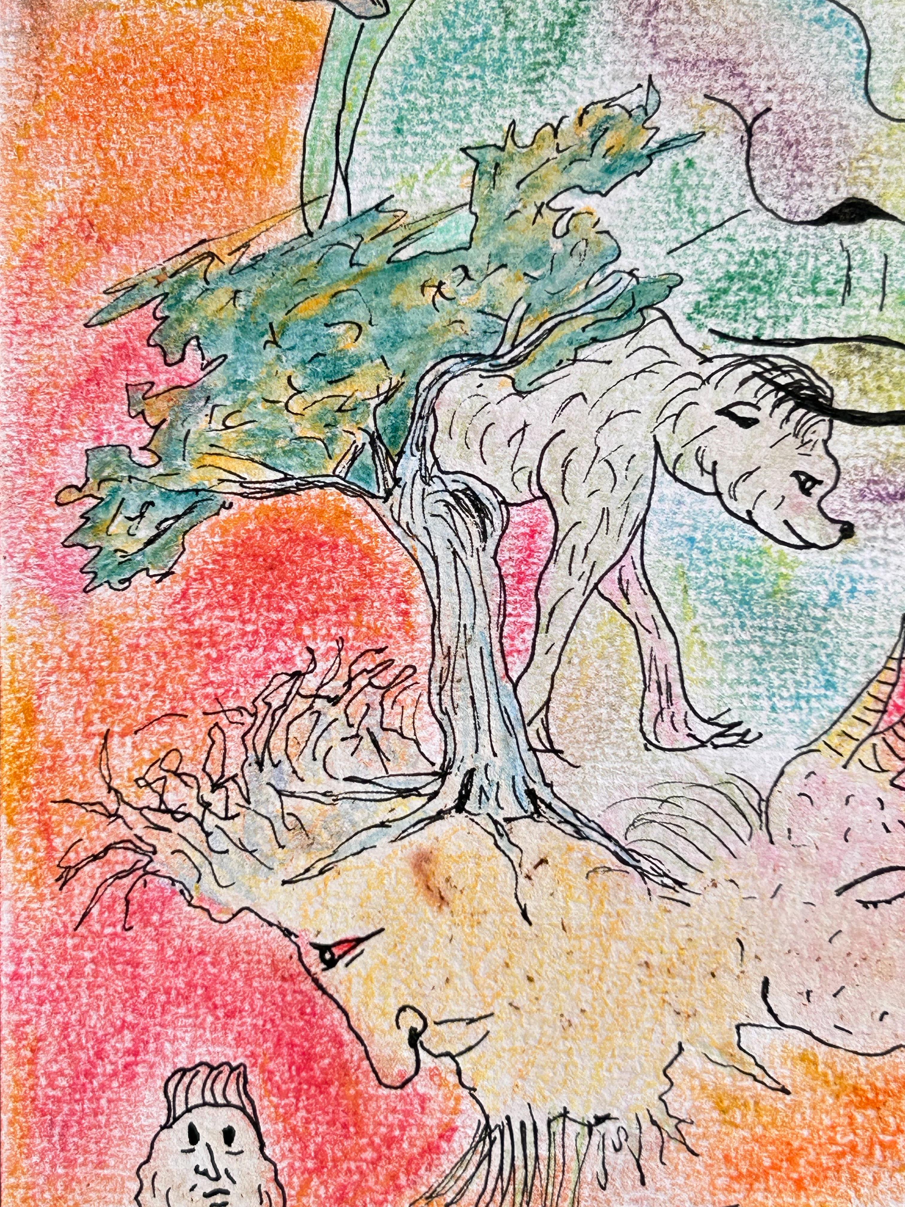 Zeichnung, Pastell, Tinte und Buntstifte. 
