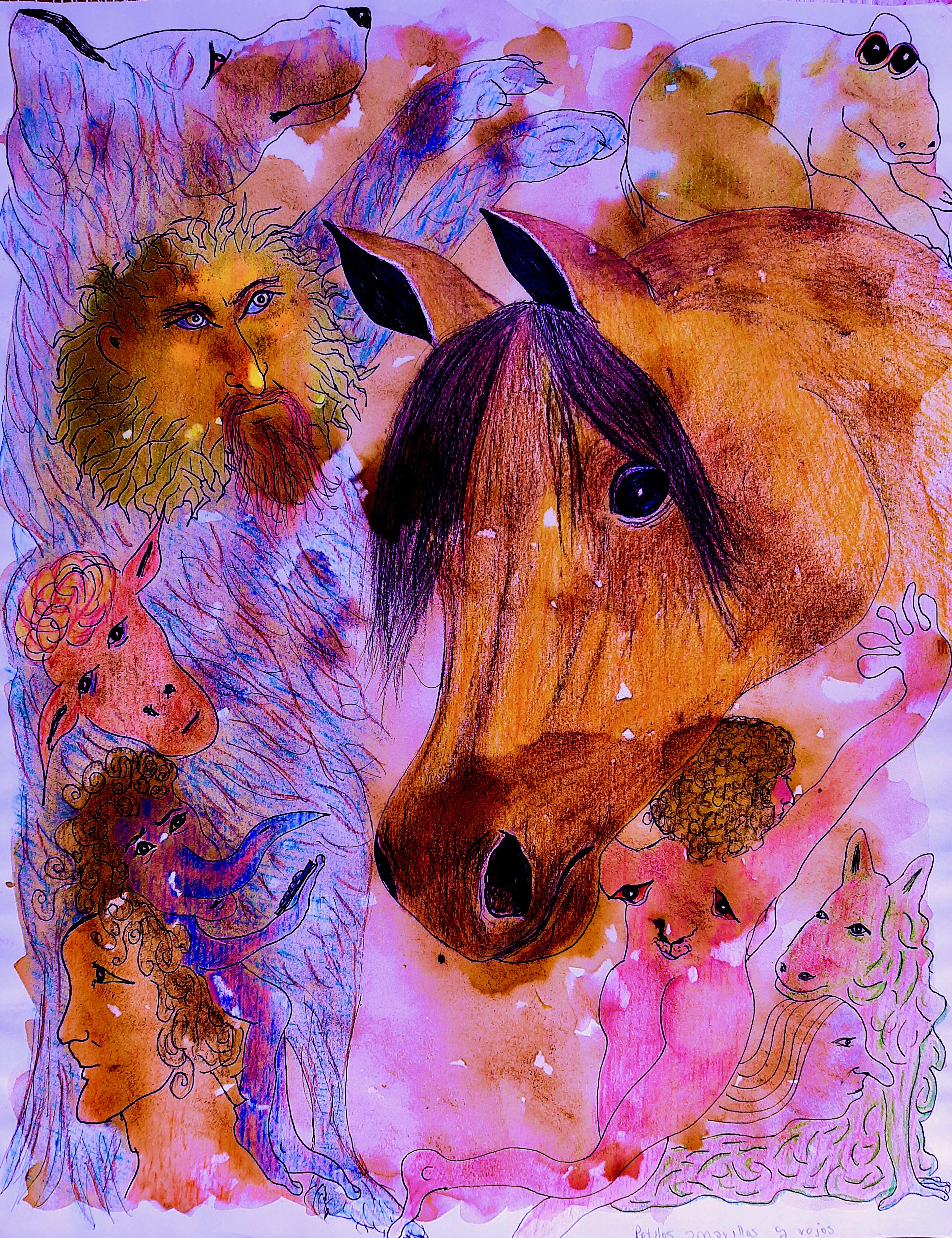 Luis Alexander Rodríguez (Ie-Xiua) Animal Painting – Zeichnung, Pastell, Tinte und Buntstifte. "Freie Geister"