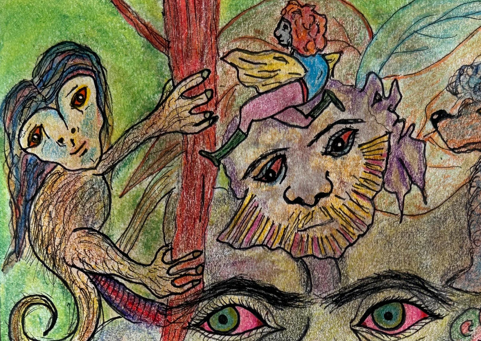Pastel, Pencil, petal flowers, Color and Ink on Paper.

The base of this drawing is Fabriano paper of 120g /m2. I use natural dyes of flowers, herbs, leaves, bark of trees as the first process of drawing, then on this surface I draw the figures with