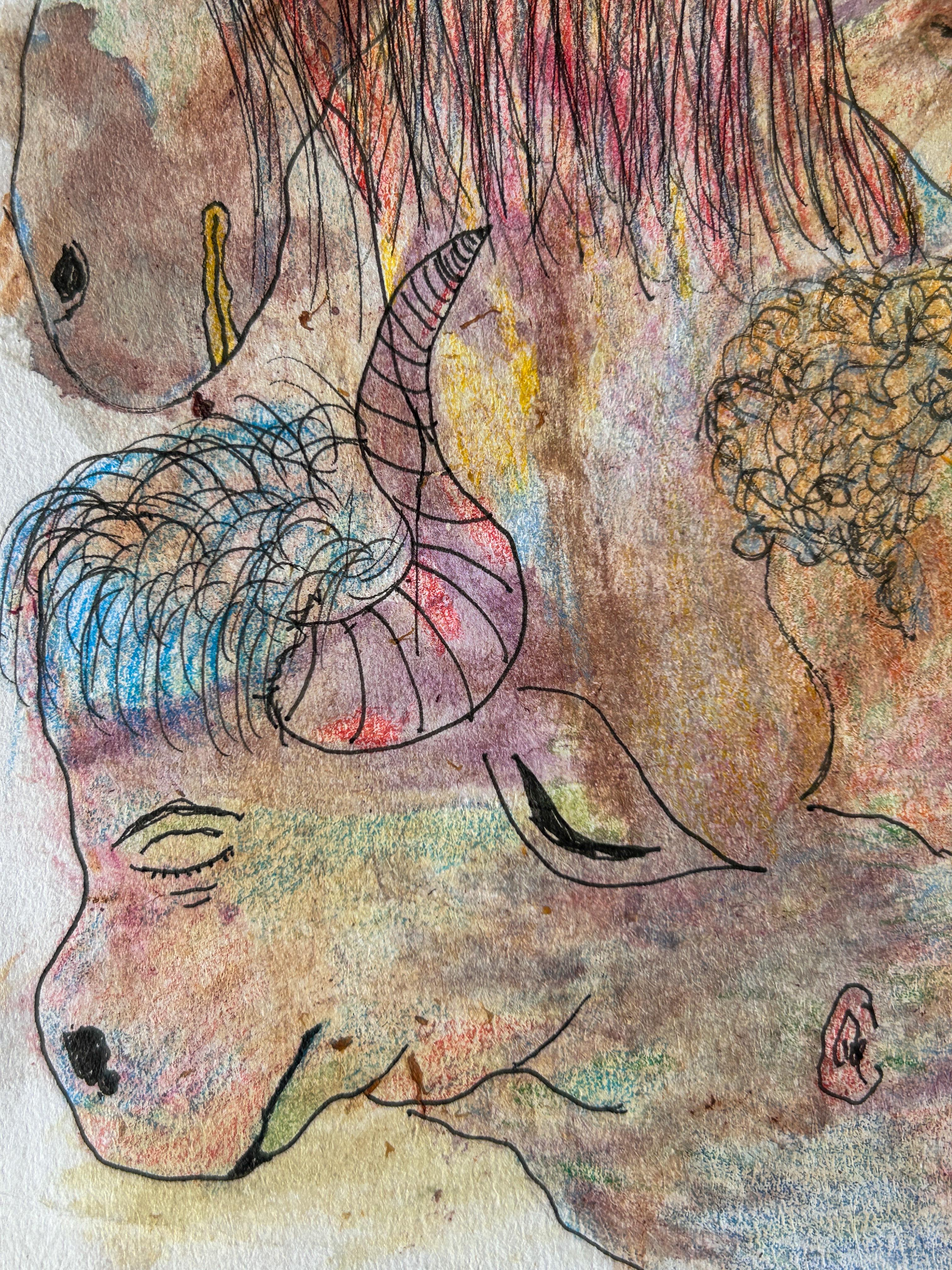 Pencil, Petal Flowers, Color and Ink on Paper.

The base of this drawing is 120g/m2 Fabriano paper. I use natural dyes from flowers, herbs, leaves, and tree bark as the first drawing process, then on this surface I draw the figures with a pen,
