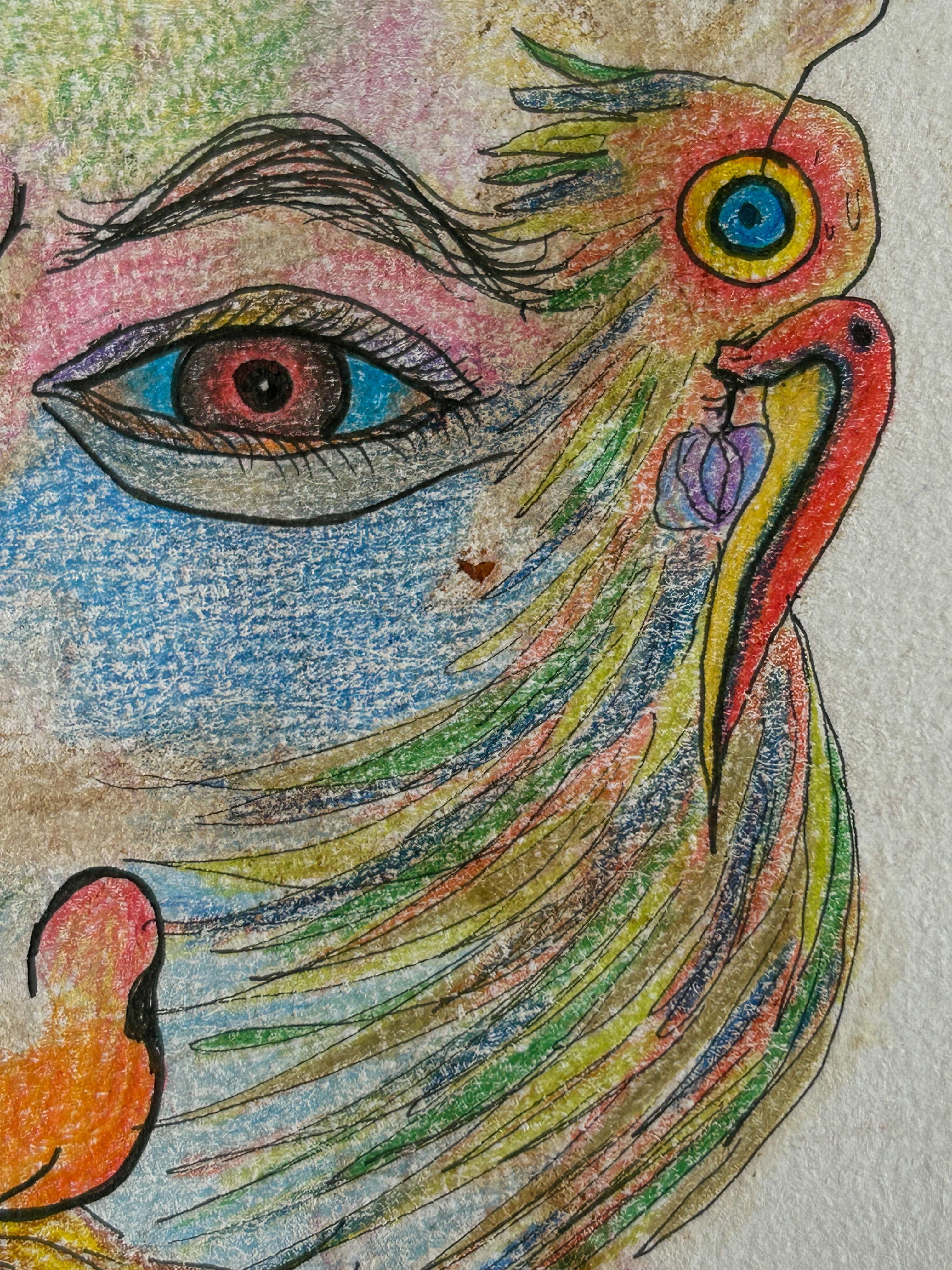 Pencil, Petal Flowers, Color and Ink on Paper. The base of this drawing is 120g/m2 Fabriano paper. I use natural dyes from flowers, herbs, leaves, and tree bark as the first drawing process, then on this surface I draw the figures with a pen,
