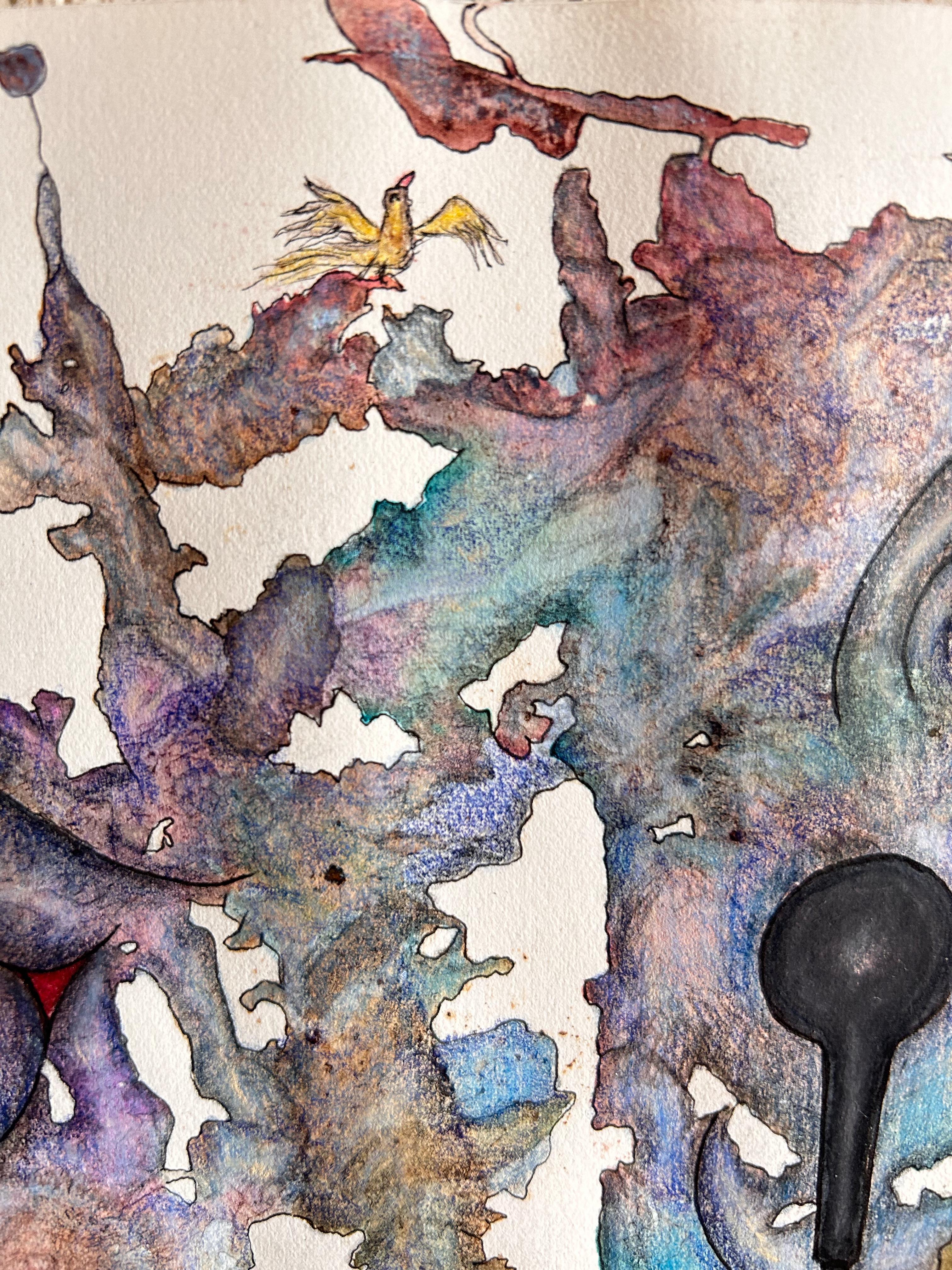Contemporary drawing work that combines the use of colored pencils and ink on a layer made with natural dyes from leaves and flowers. It is a surreal and fantastic drawing that seeks to capture the viewer's attention with its visual complexity,