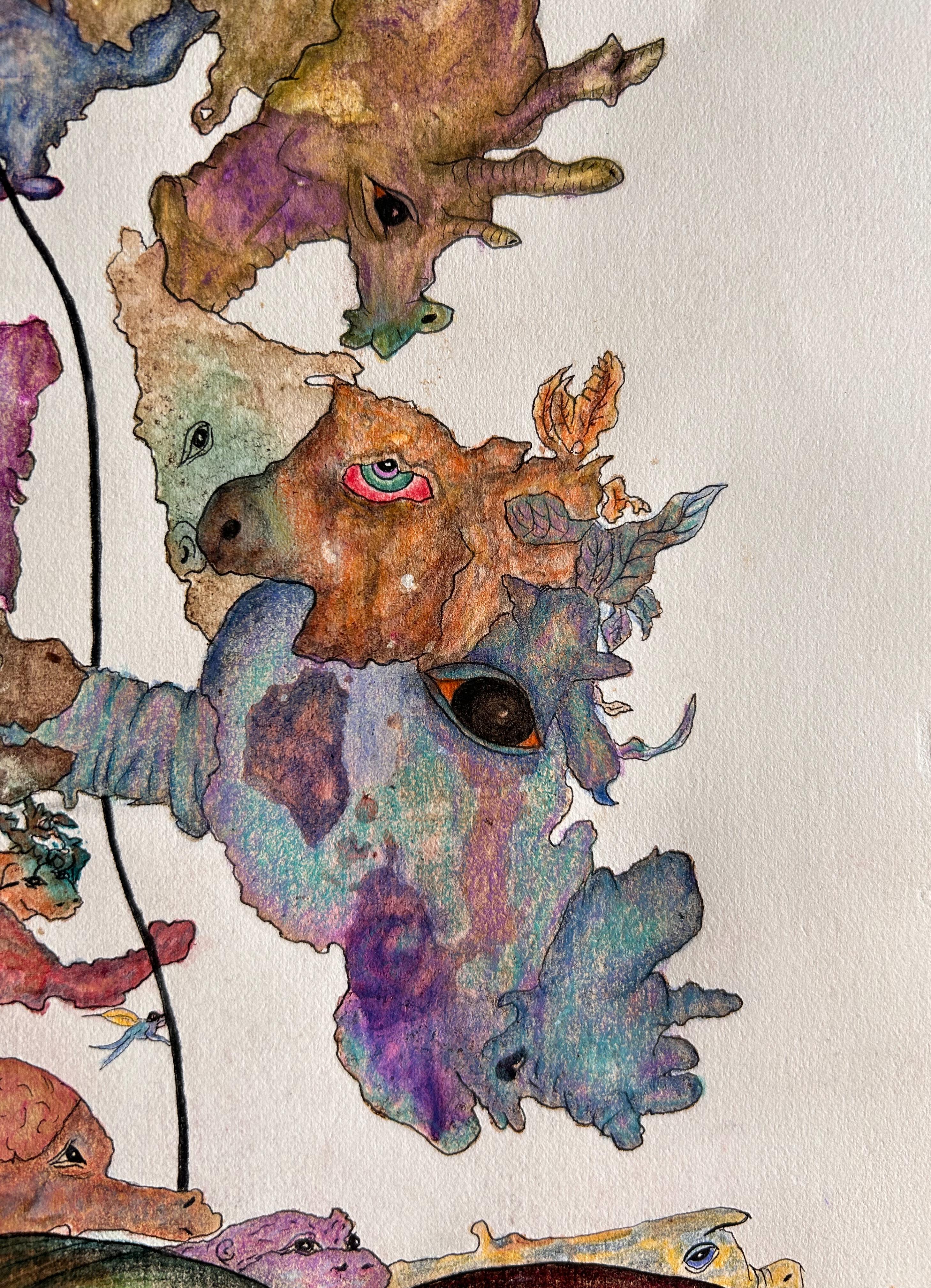 Contemporary Drawing With Colored Pencils And Ink On Fabriano Paper. 