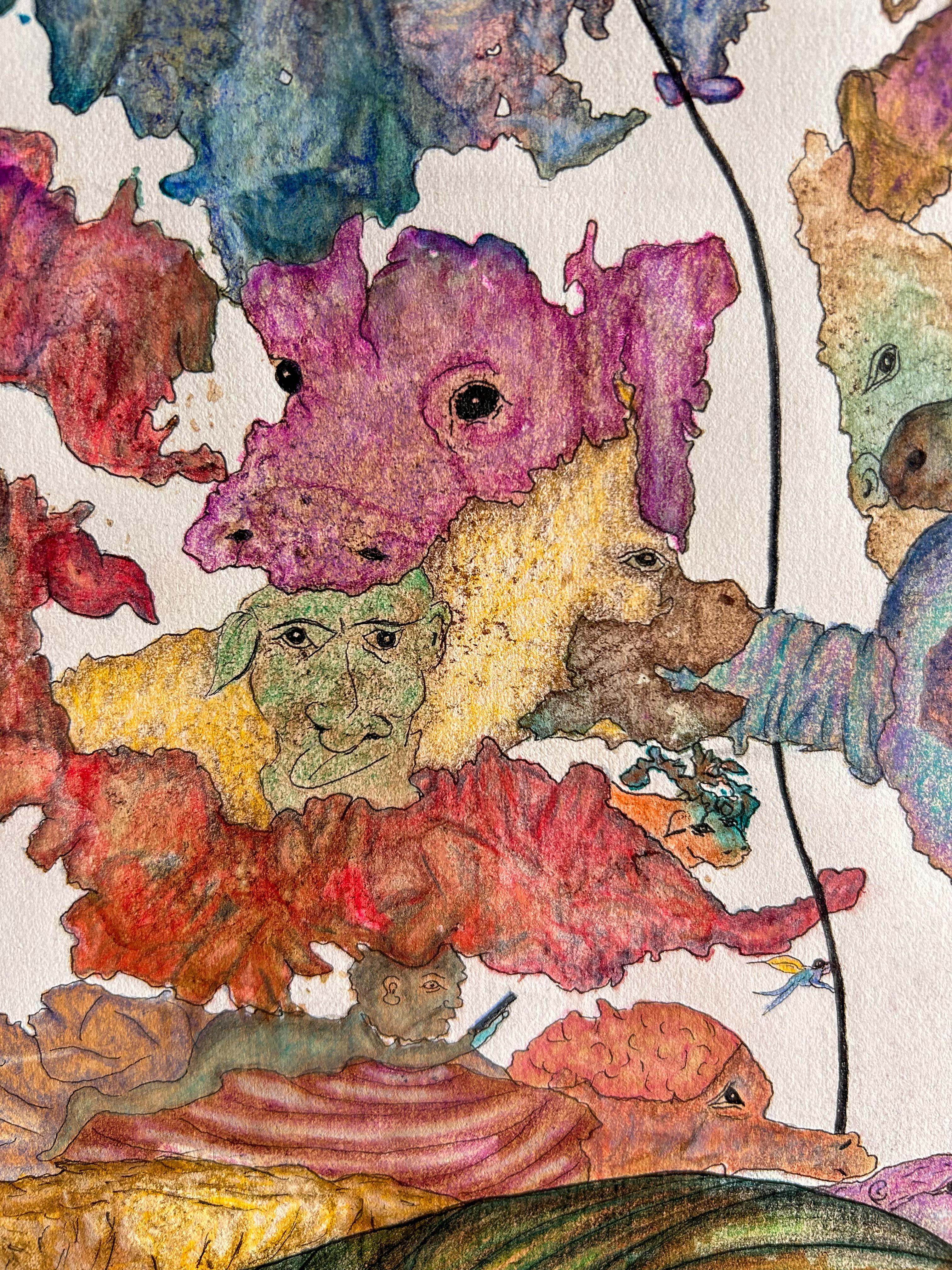 Contemporary Drawing With Colored Pencils And Ink On Fabriano Paper. 