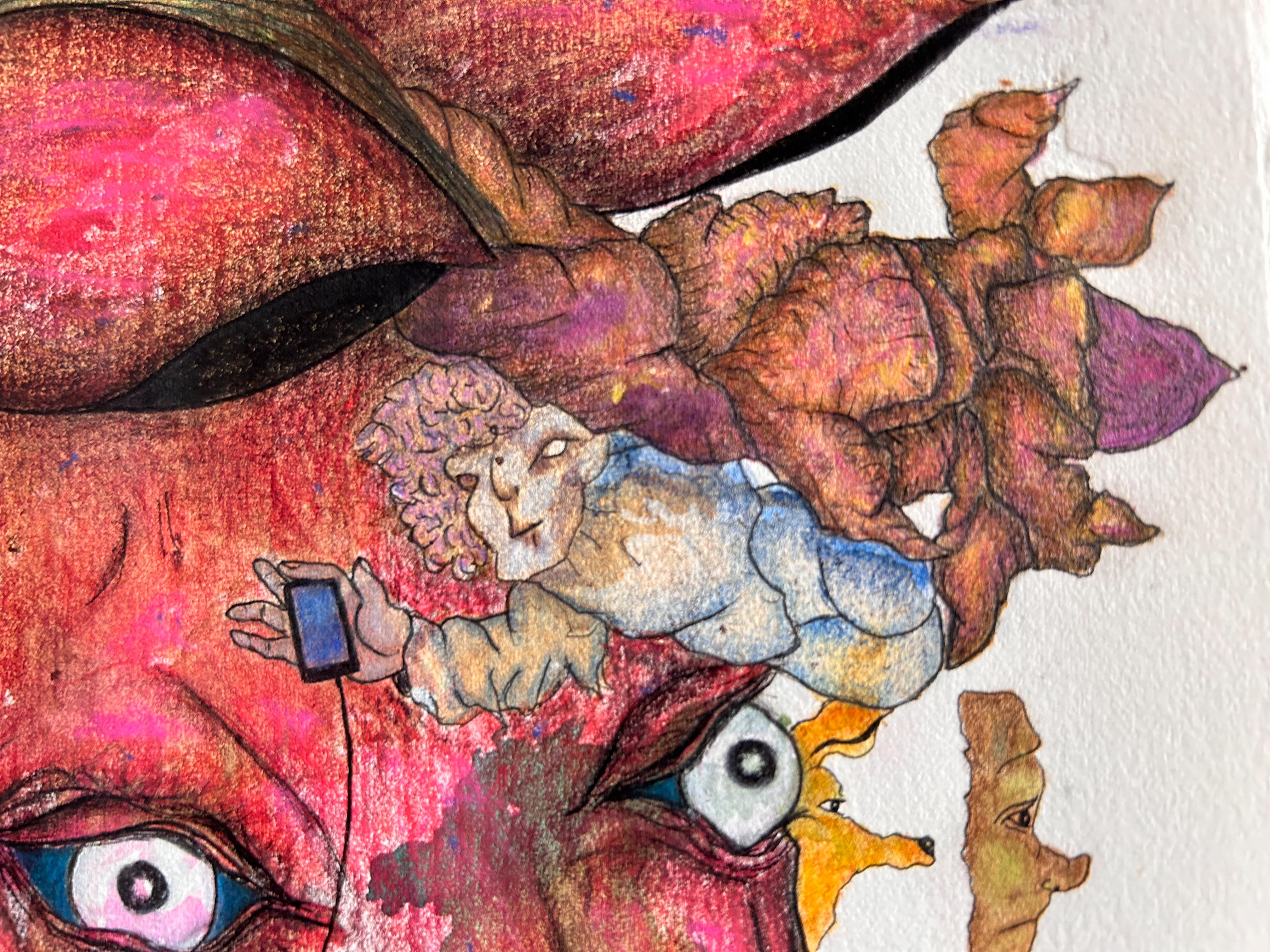 Contemporary Drawing With Colored Pencils And Ink On Fabriano Paper. 