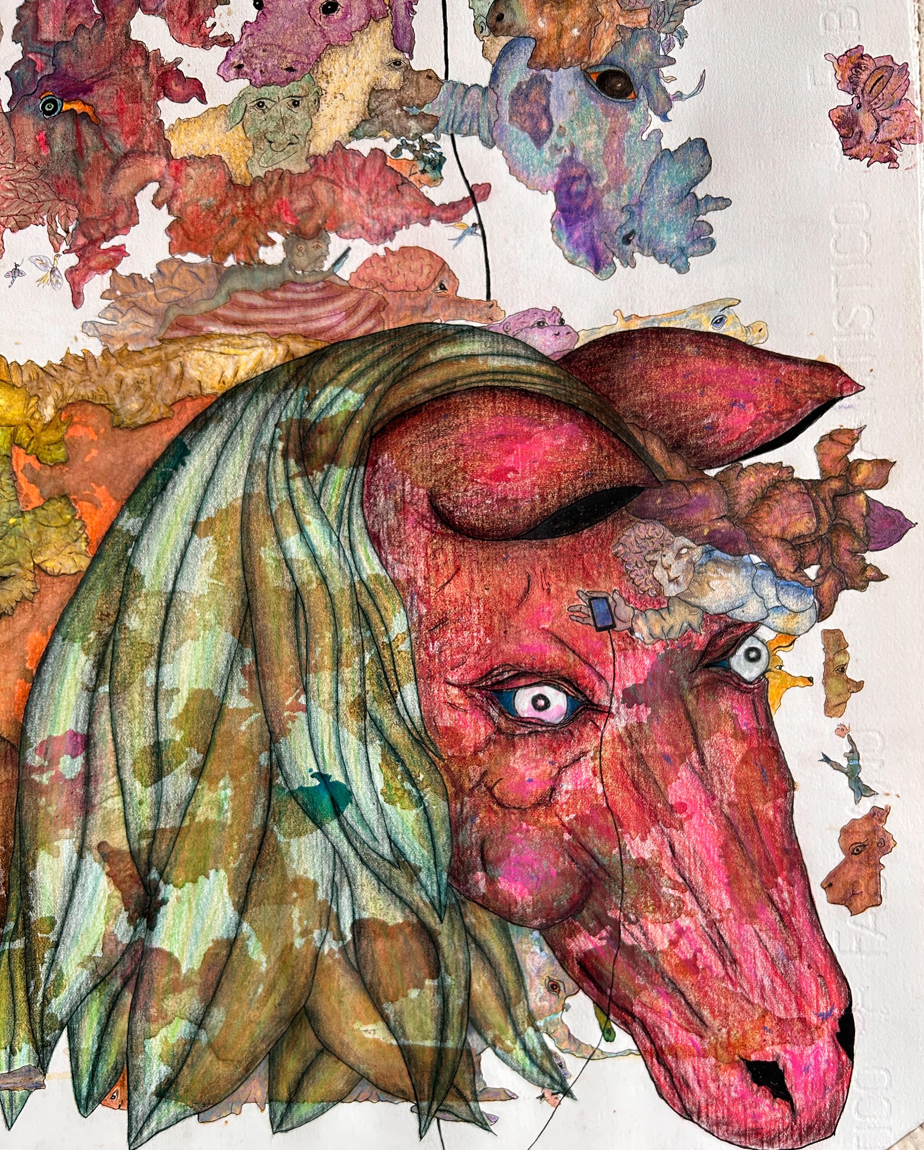 Contemporary Drawing With Colored Pencils And Ink On Fabriano Paper. 