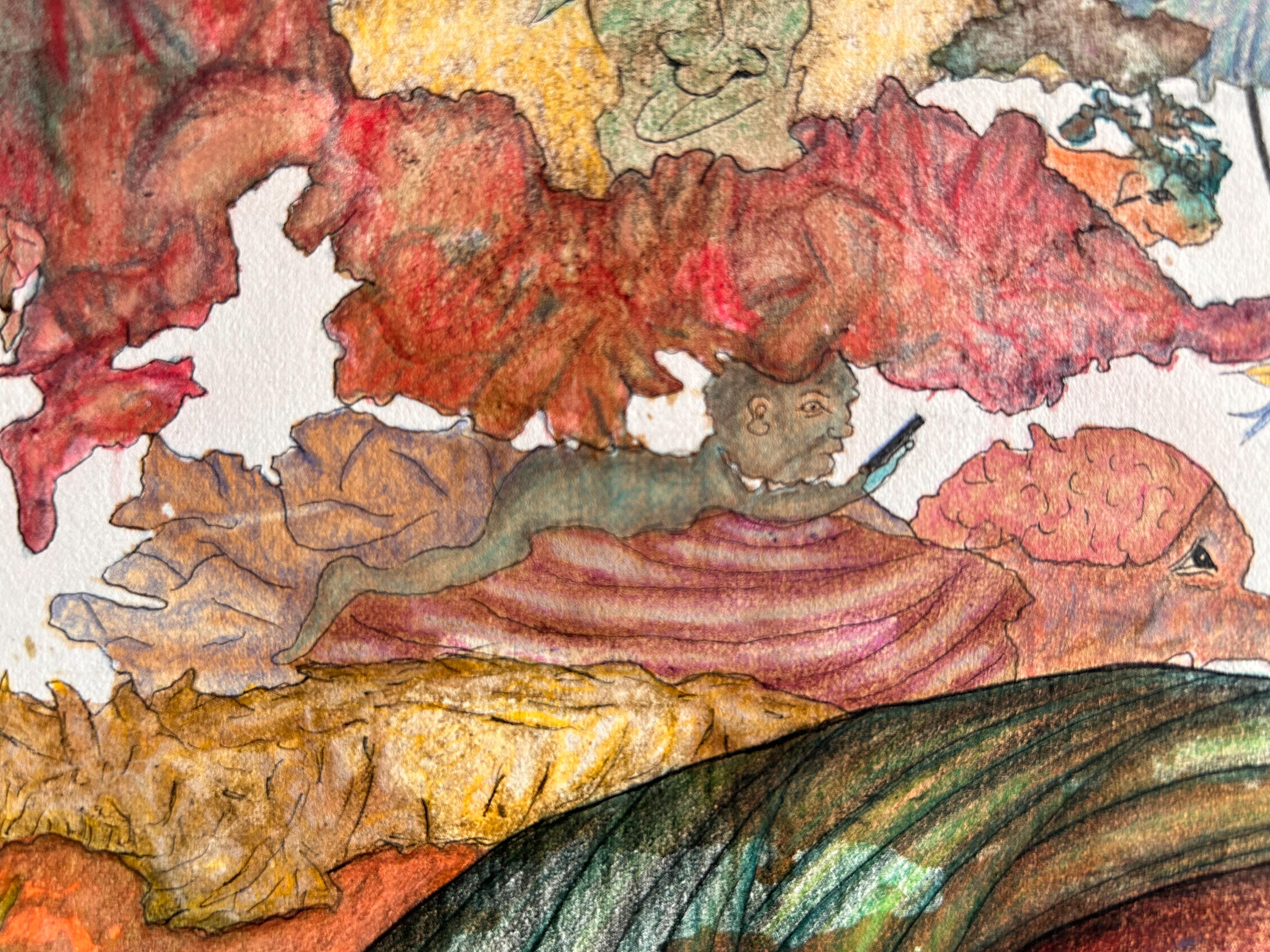 Contemporary Drawing With Colored Pencils And Ink On Fabriano Paper. 