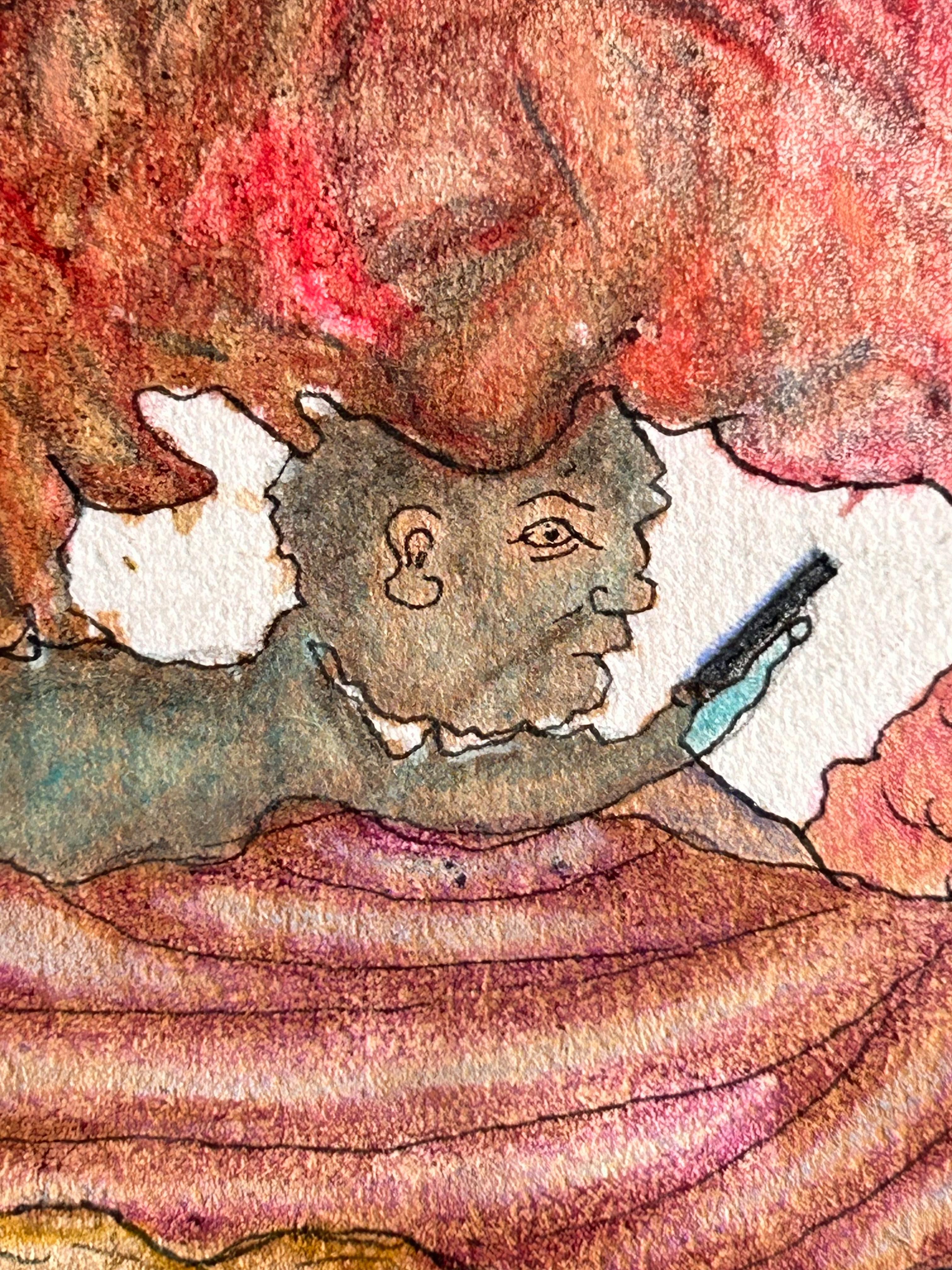Contemporary Drawing With Colored Pencils And Ink On Fabriano Paper. 