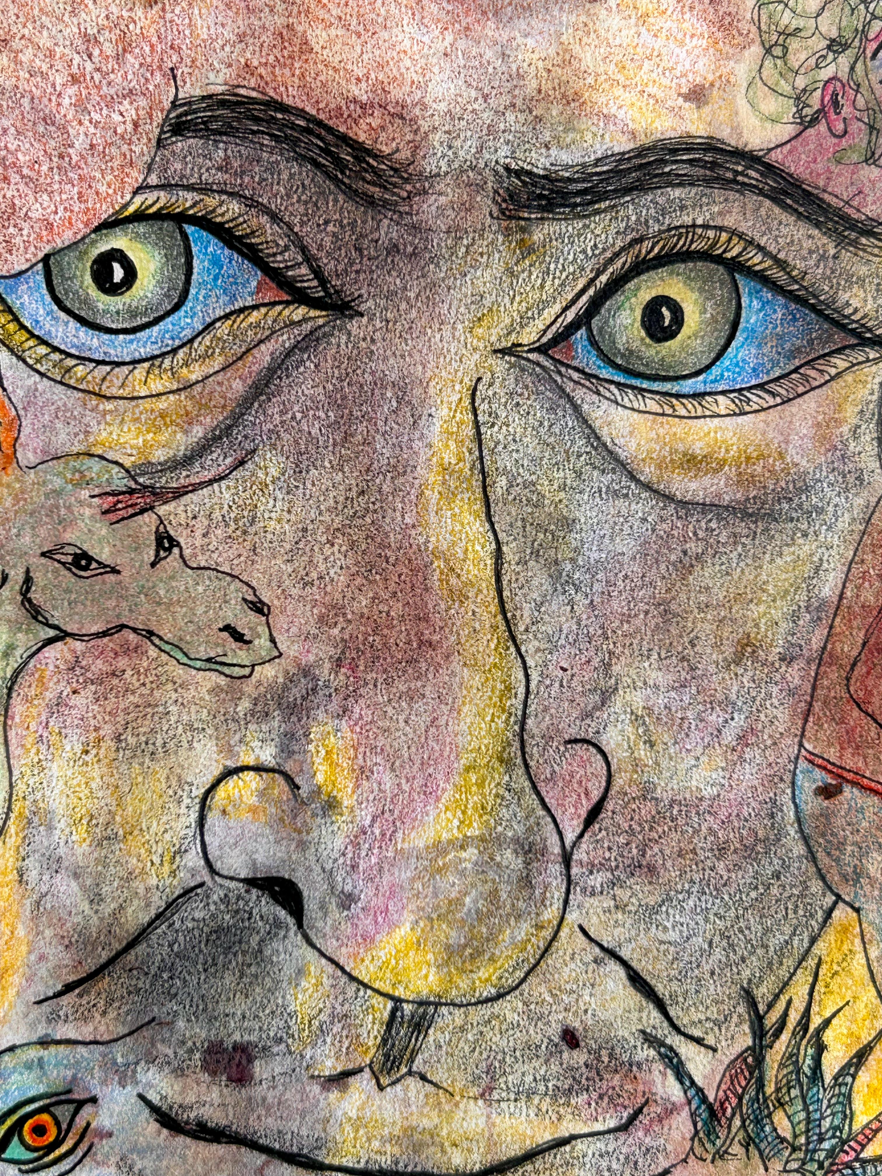 Contemporary Drawing On Paper With Colored Pencils And Ink.