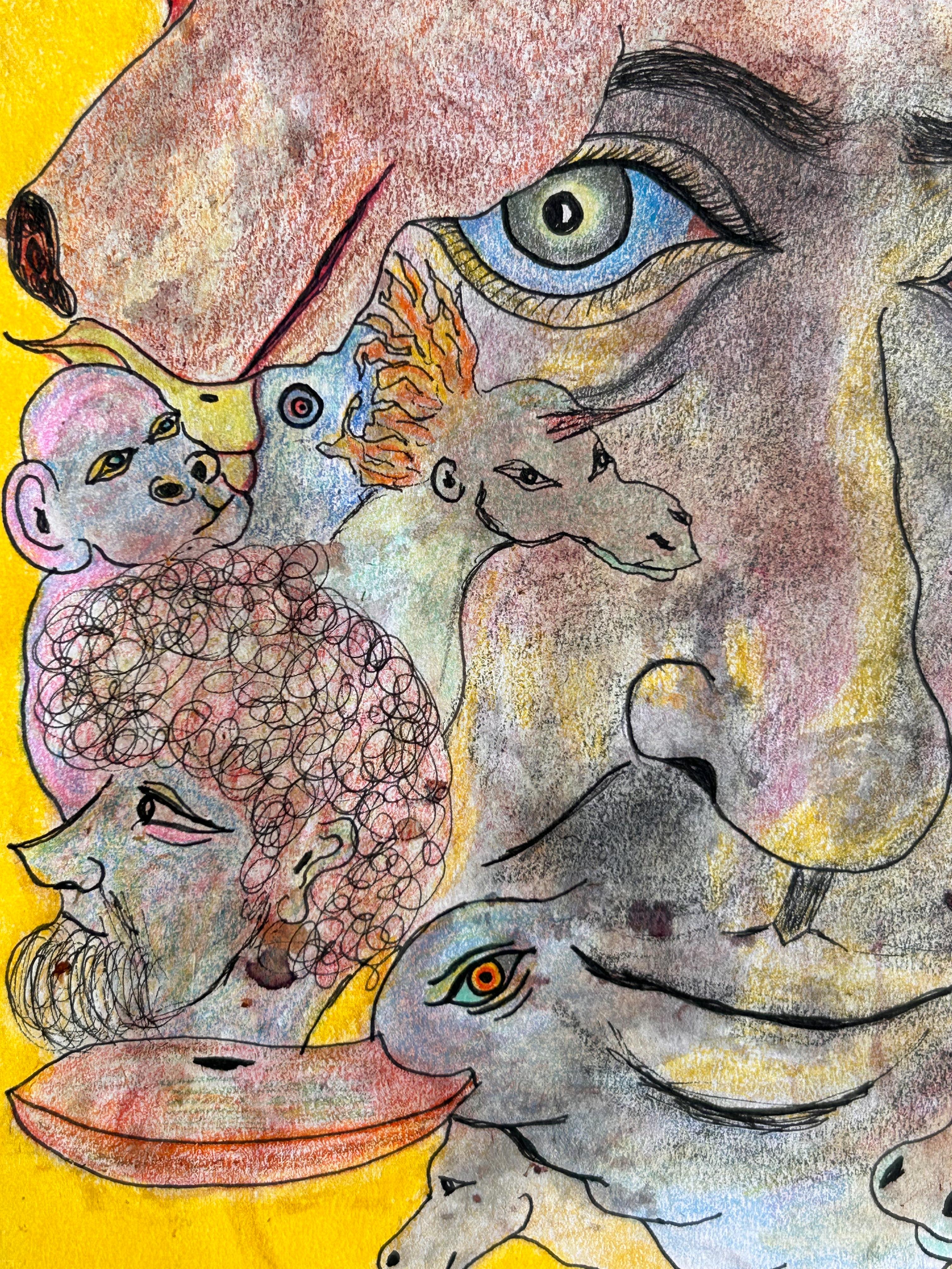 Contemporary Drawing On Paper With Colored Pencils And Ink.
