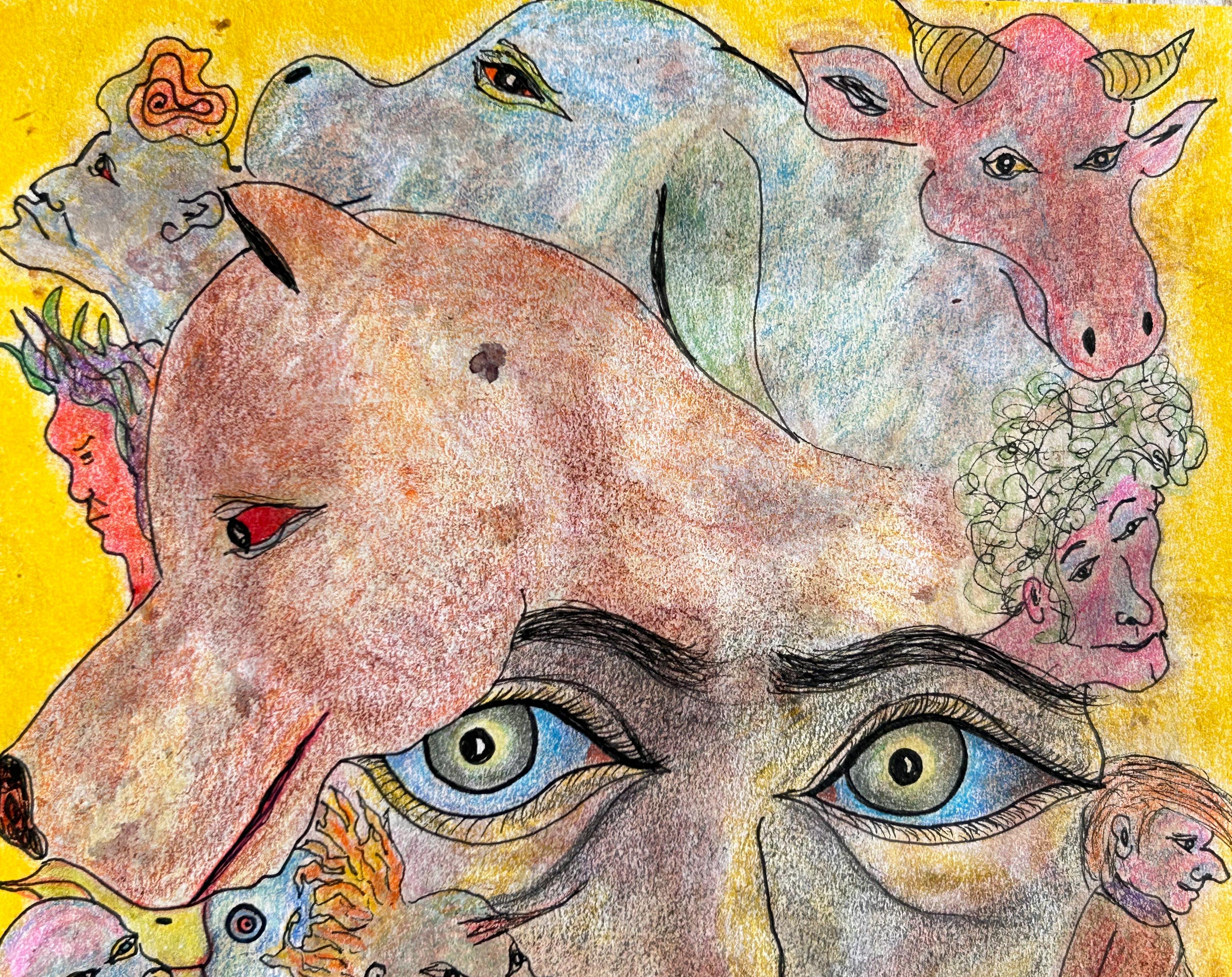 Contemporary Drawing On Paper With Colored Pencils And Ink.