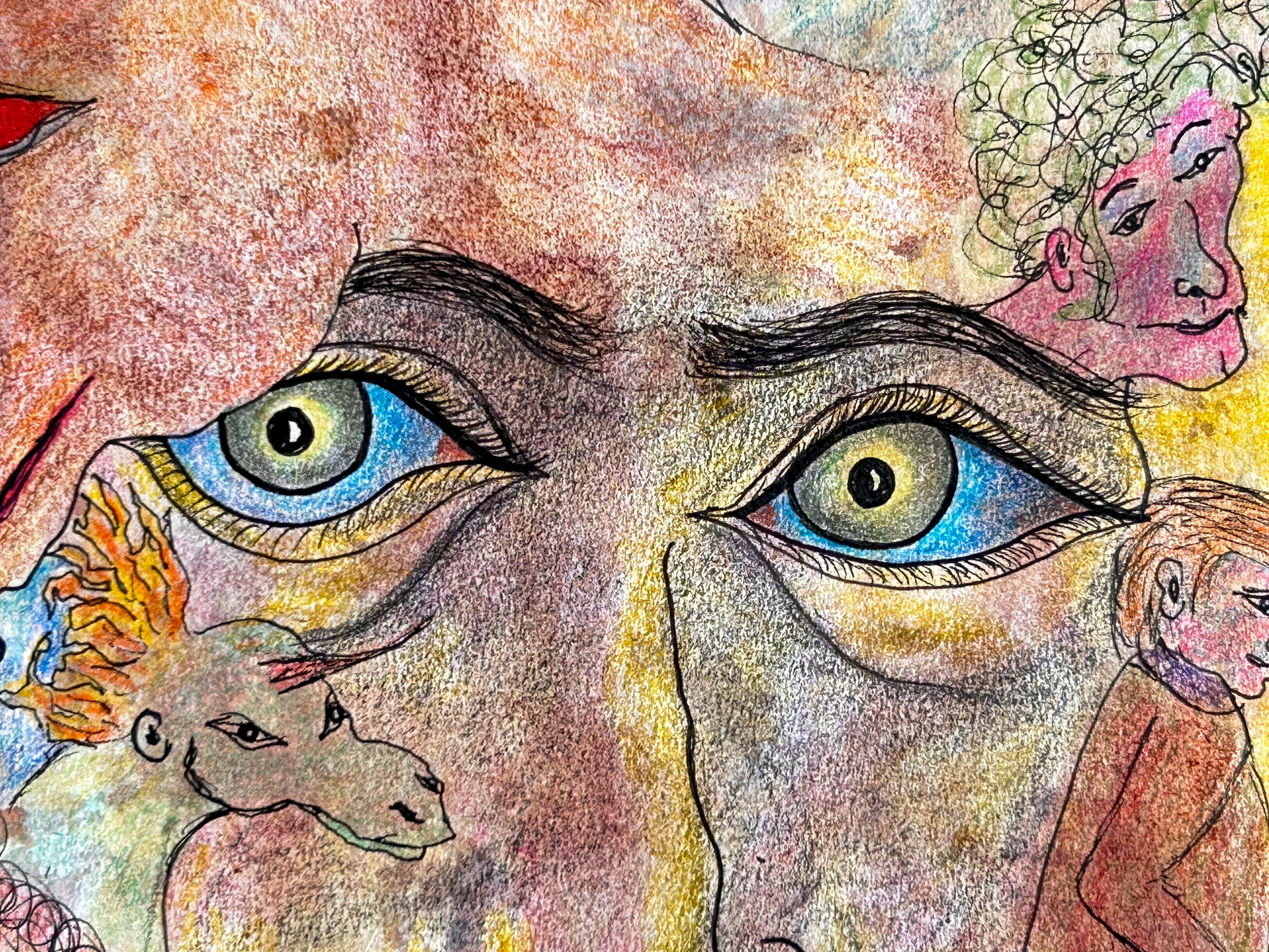 Contemporary Drawing On Paper With Colored Pencils And Ink.