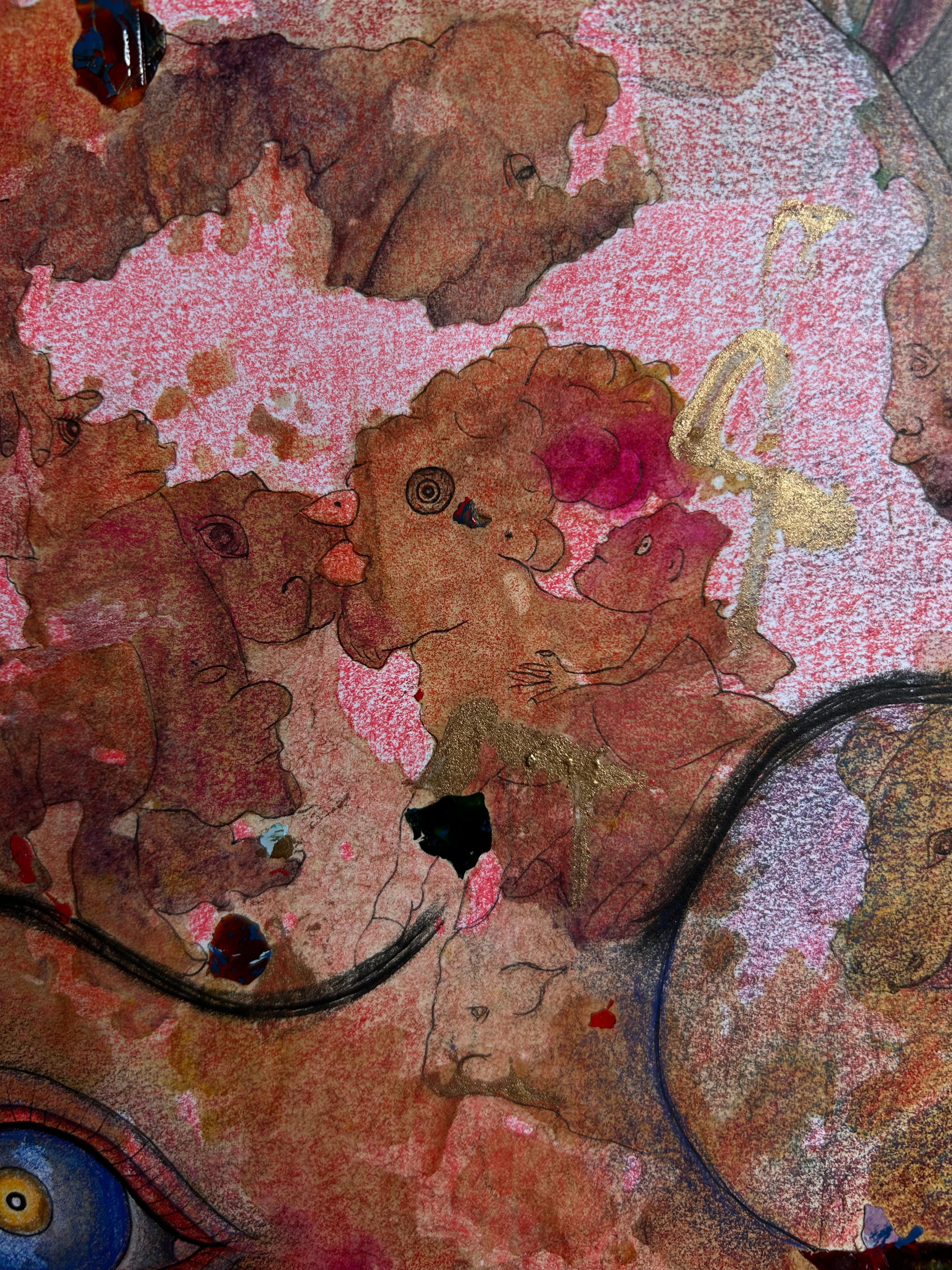 Zeichnungen auf der Grundlage natürlicher Pigmente von Blättern, Blumen und Rinde sowie Pastell, Bleistift, Blütenblätter, Farbe und Tinte auf Papier. In meinem Werk gibt es ein Kreuz mit dem Blick der Tiere, eine Erinnerung an unseren gleichen