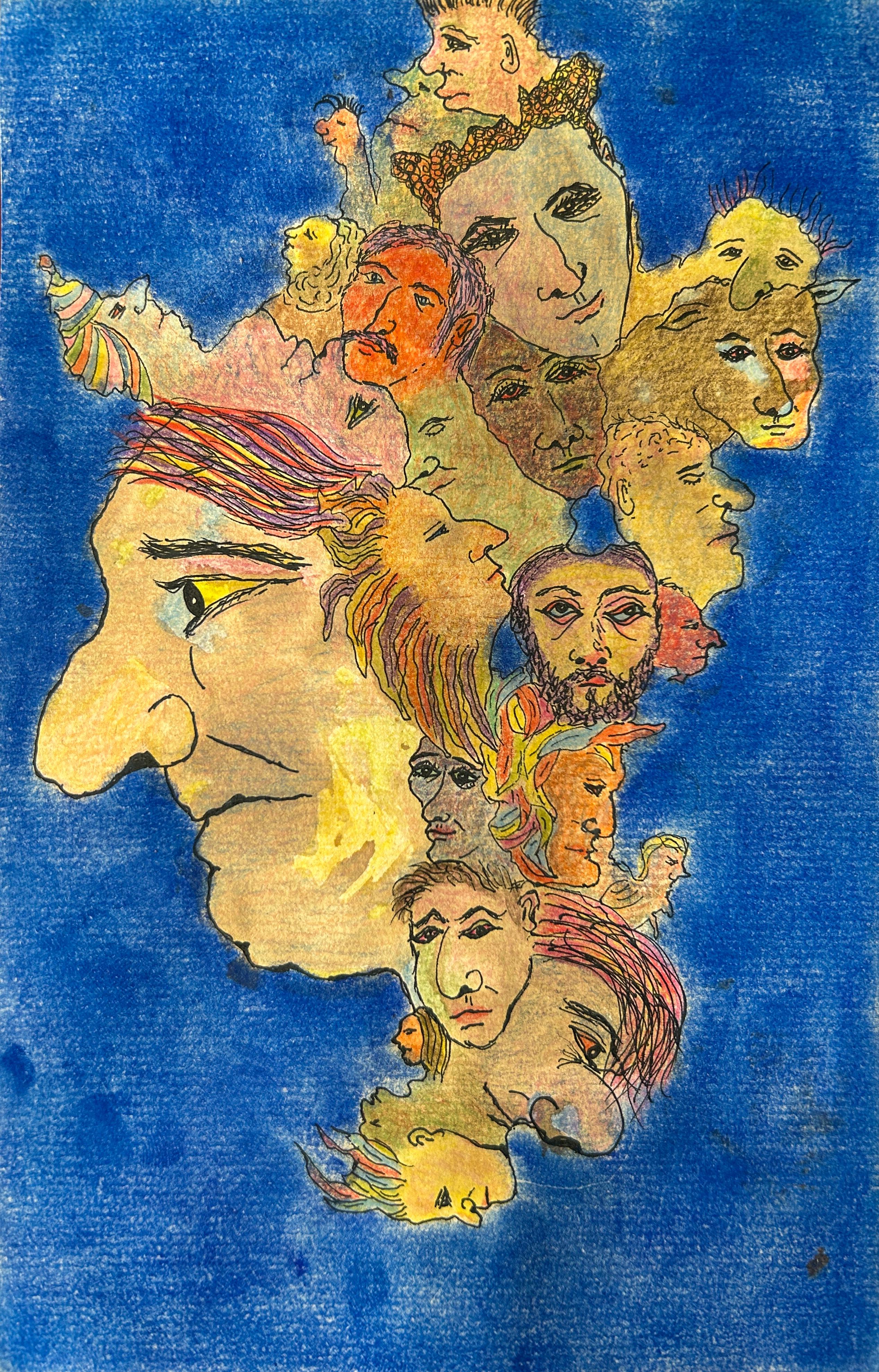 Contemporary Drawing "Blue Prayer" Draw, Pastel, Ink And Colored Pencils