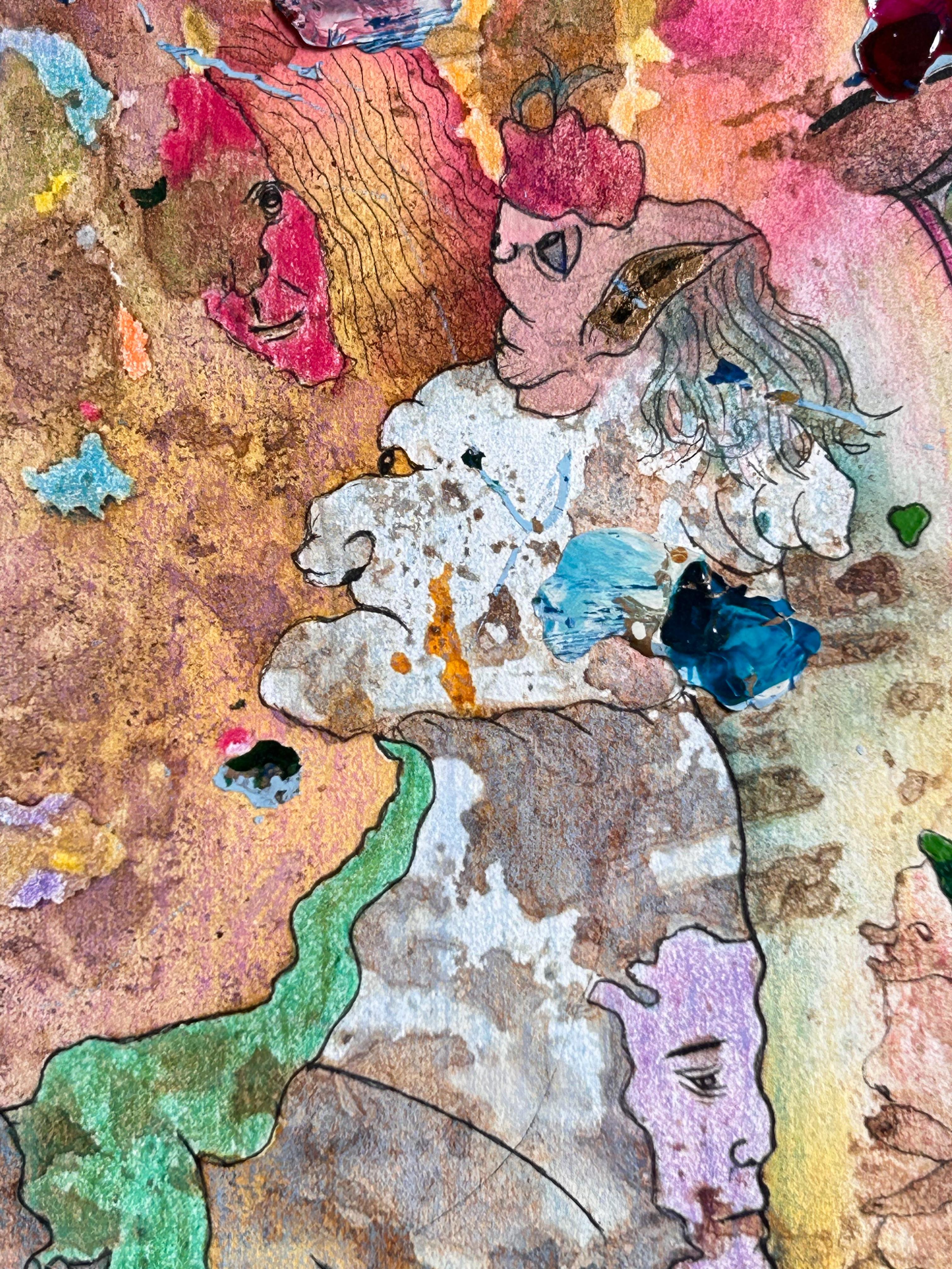 “Old love, new love” Drawing, acrylic, ink and colored pencils on paper. I developed a drawing technique based on natural pigments from leaves, flowers and bark with which I intend to create a reflection on today's society, addressing some of the