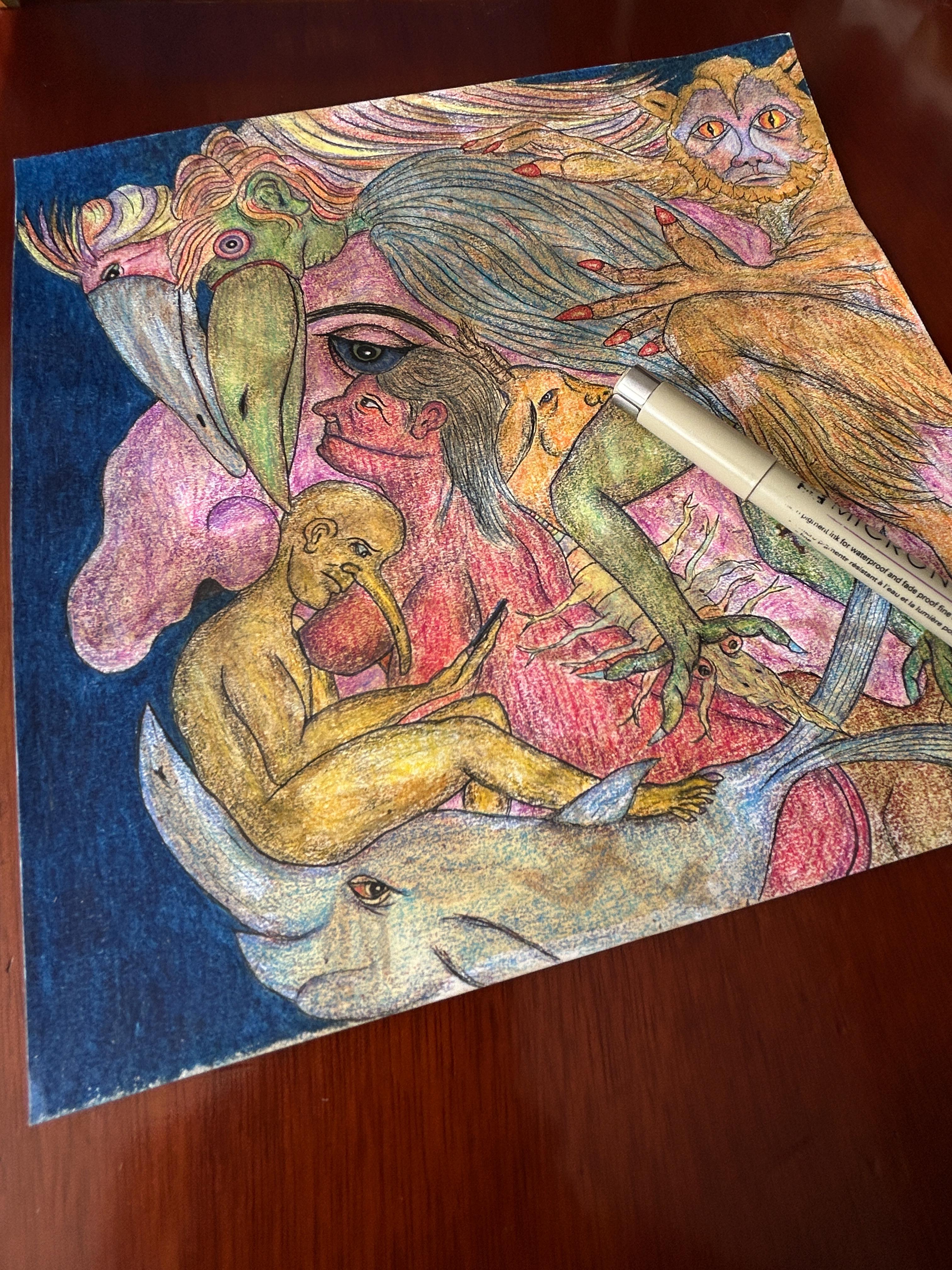 Disegno, barretta ad olio, inchiostro e matite colorate. 