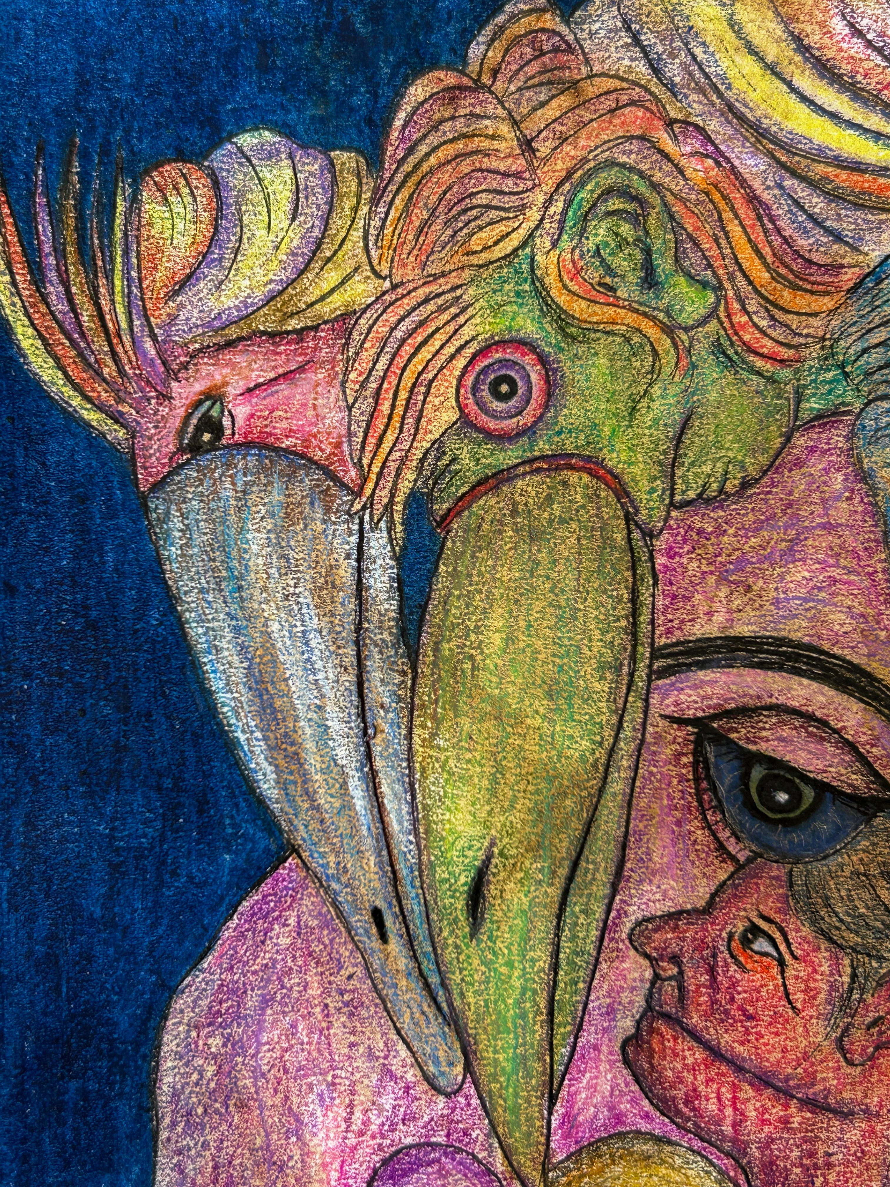Disegno, barretta ad olio, inchiostro e matite colorate. 