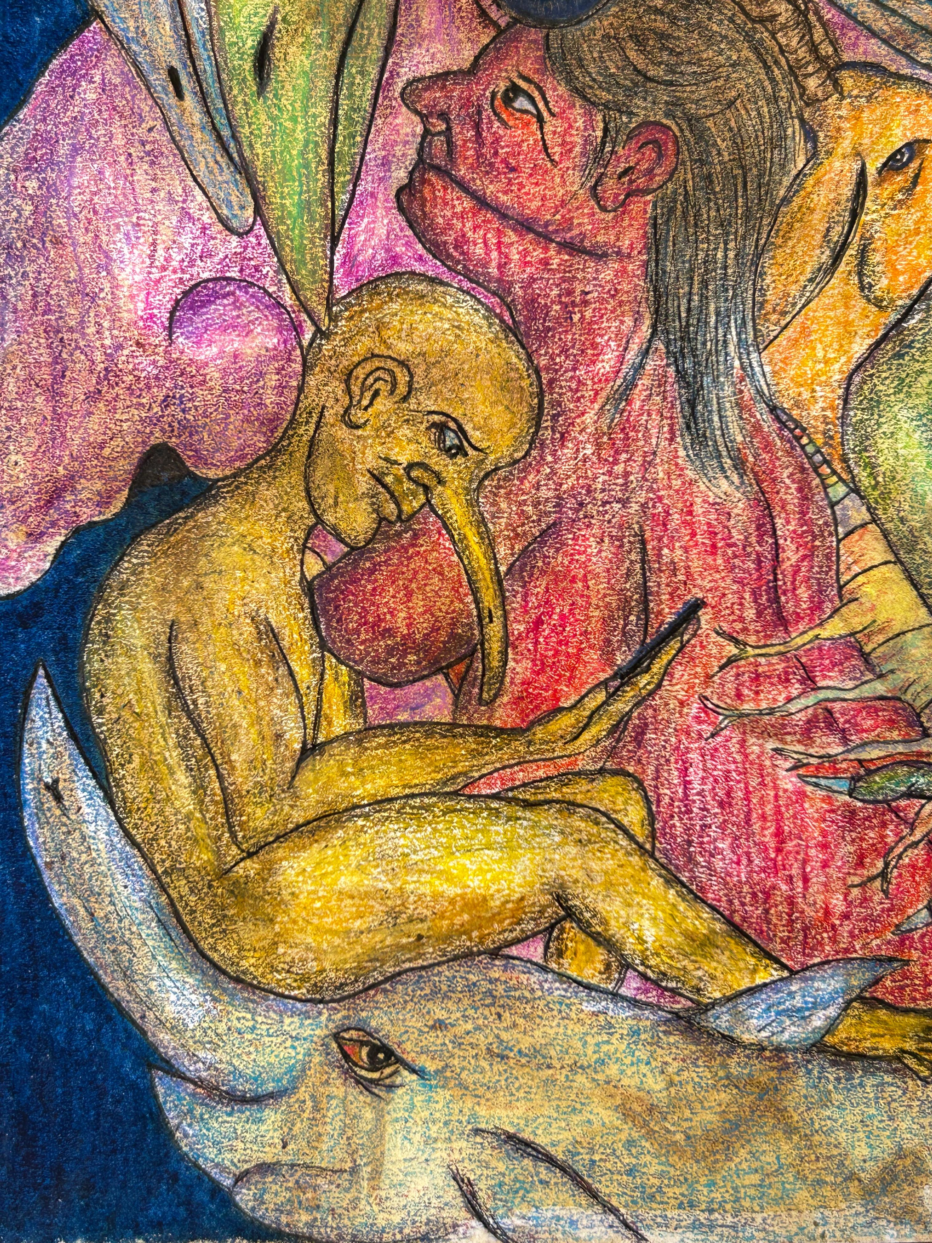 Disegno, barretta ad olio, inchiostro e matite colorate. 