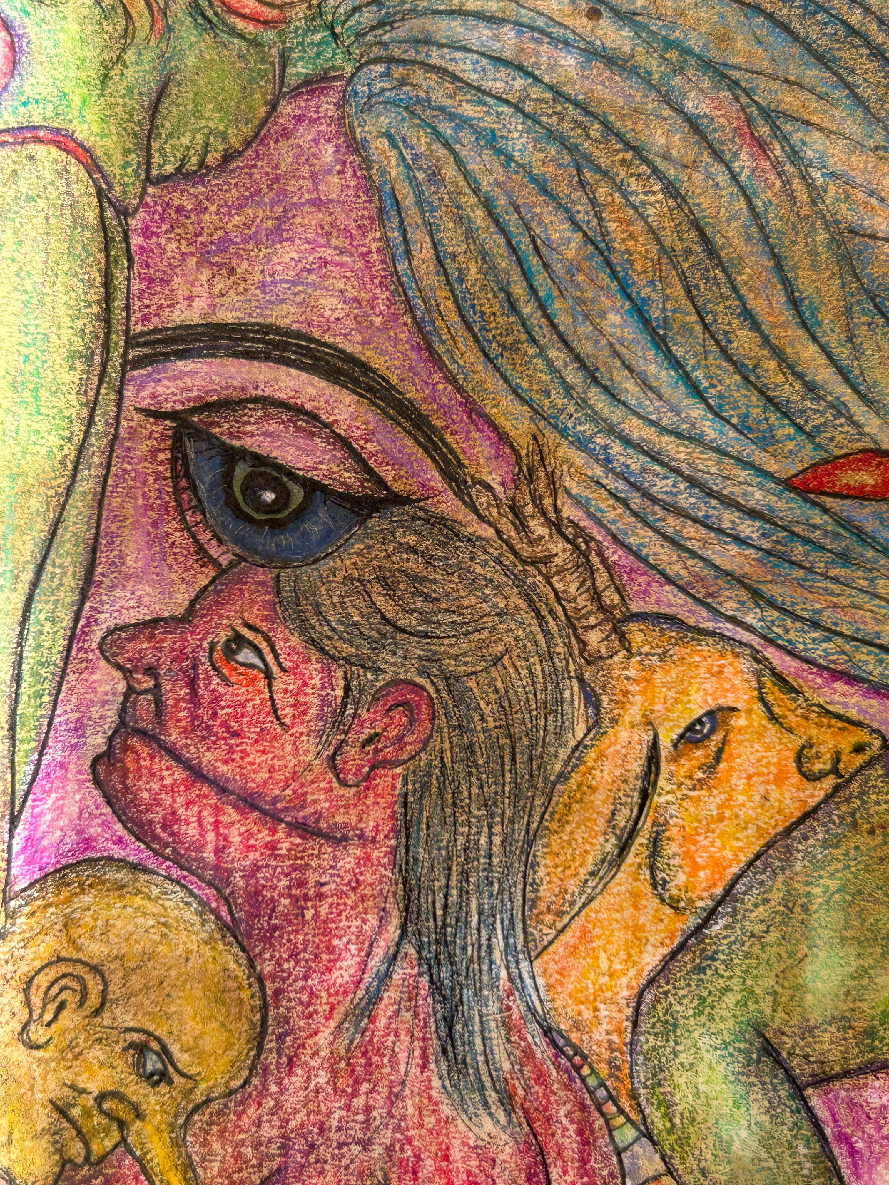 Disegno, barretta ad olio, inchiostro e matite colorate. 