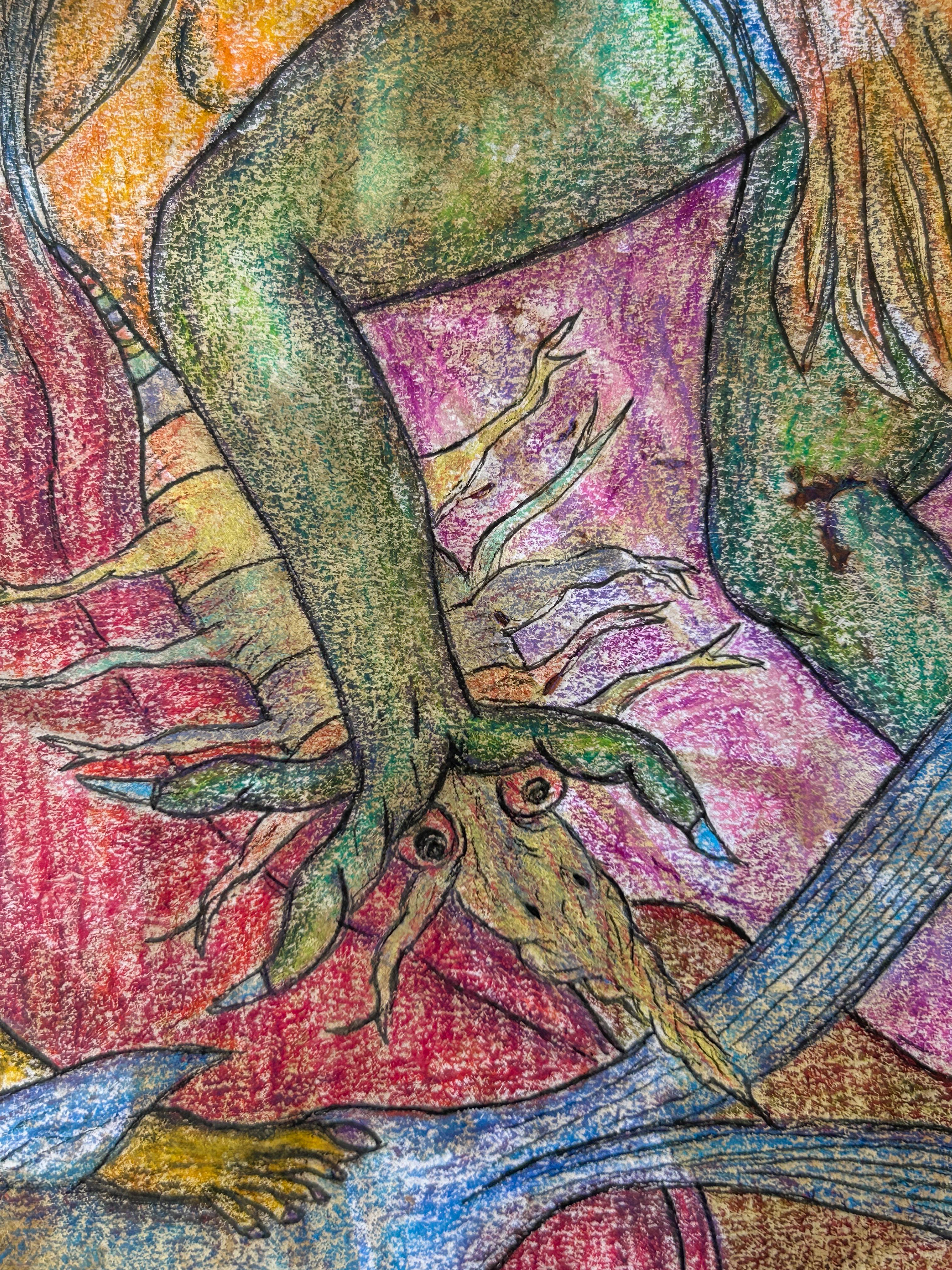 Disegno, barretta ad olio, inchiostro e matite colorate. 