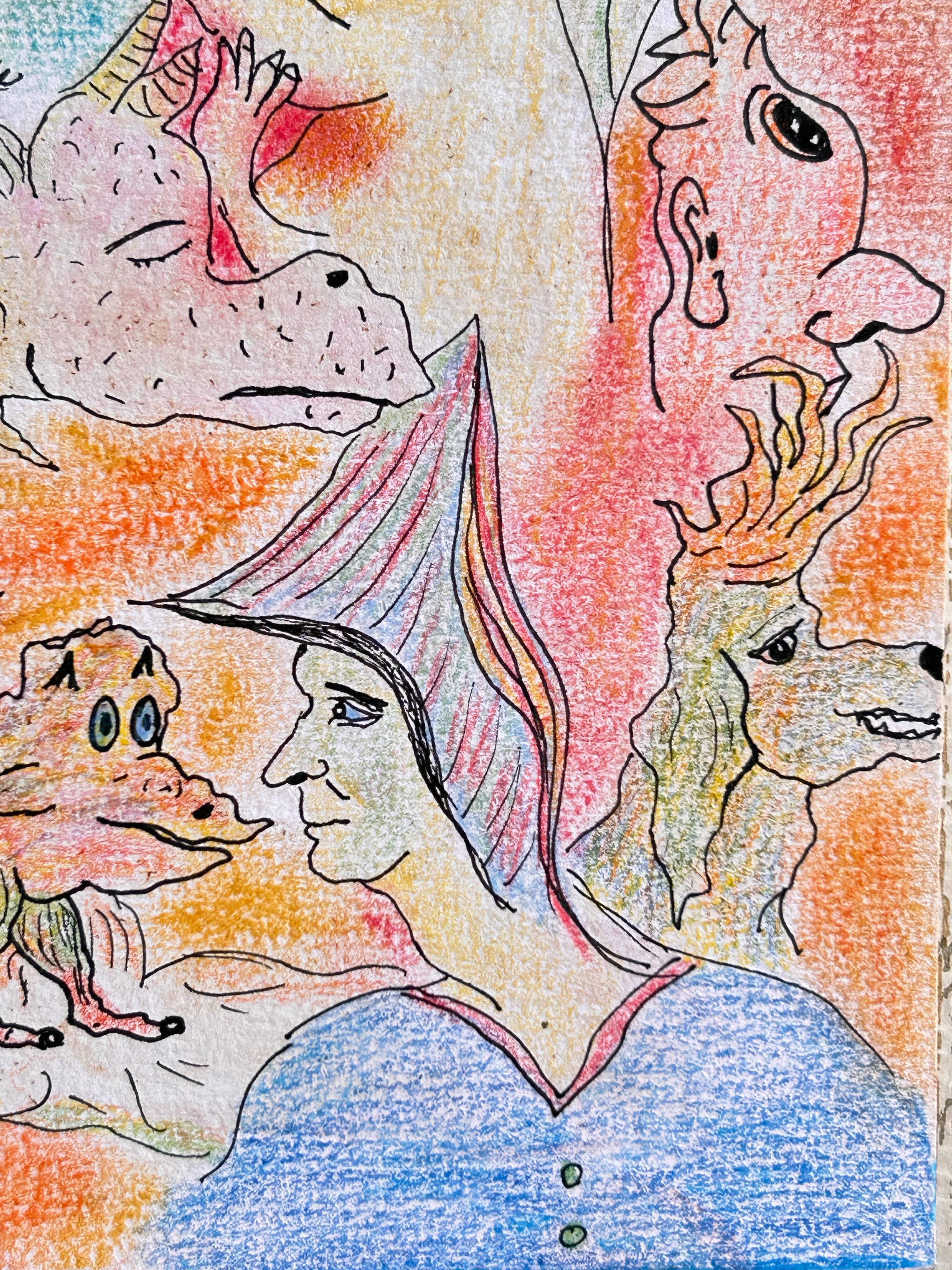 Pastel, Pencil, petal flowers, Color and Ink on Paper.

The base of this drawing is Fabriano paper of 120g /m2. I use natural dyes of flowers, herbs, leaves, bark of trees as the first process of drawing, then on this surface I draw the figures with