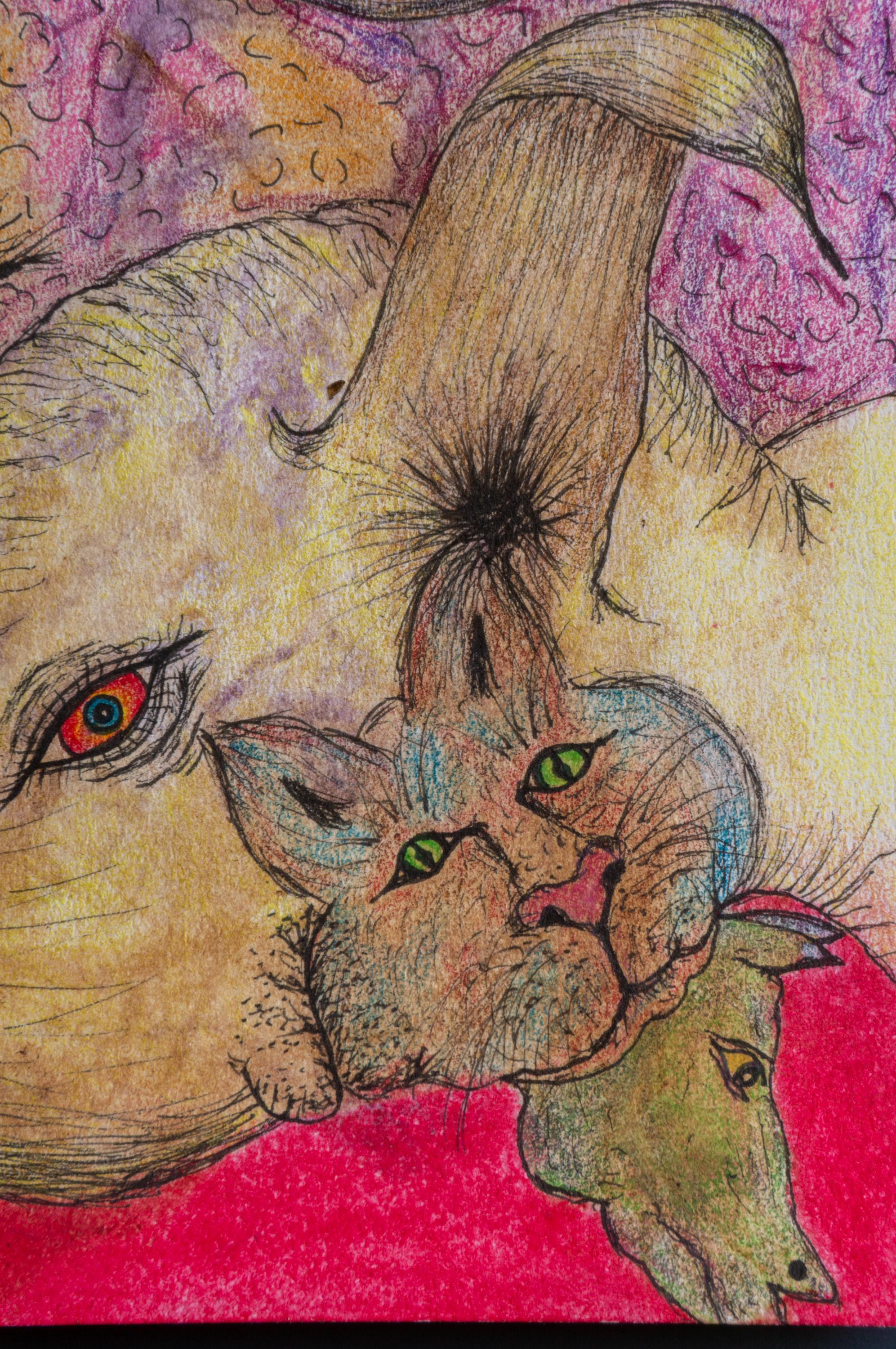 Drawing on paper with colored pencils and pastel on fuchsia. 