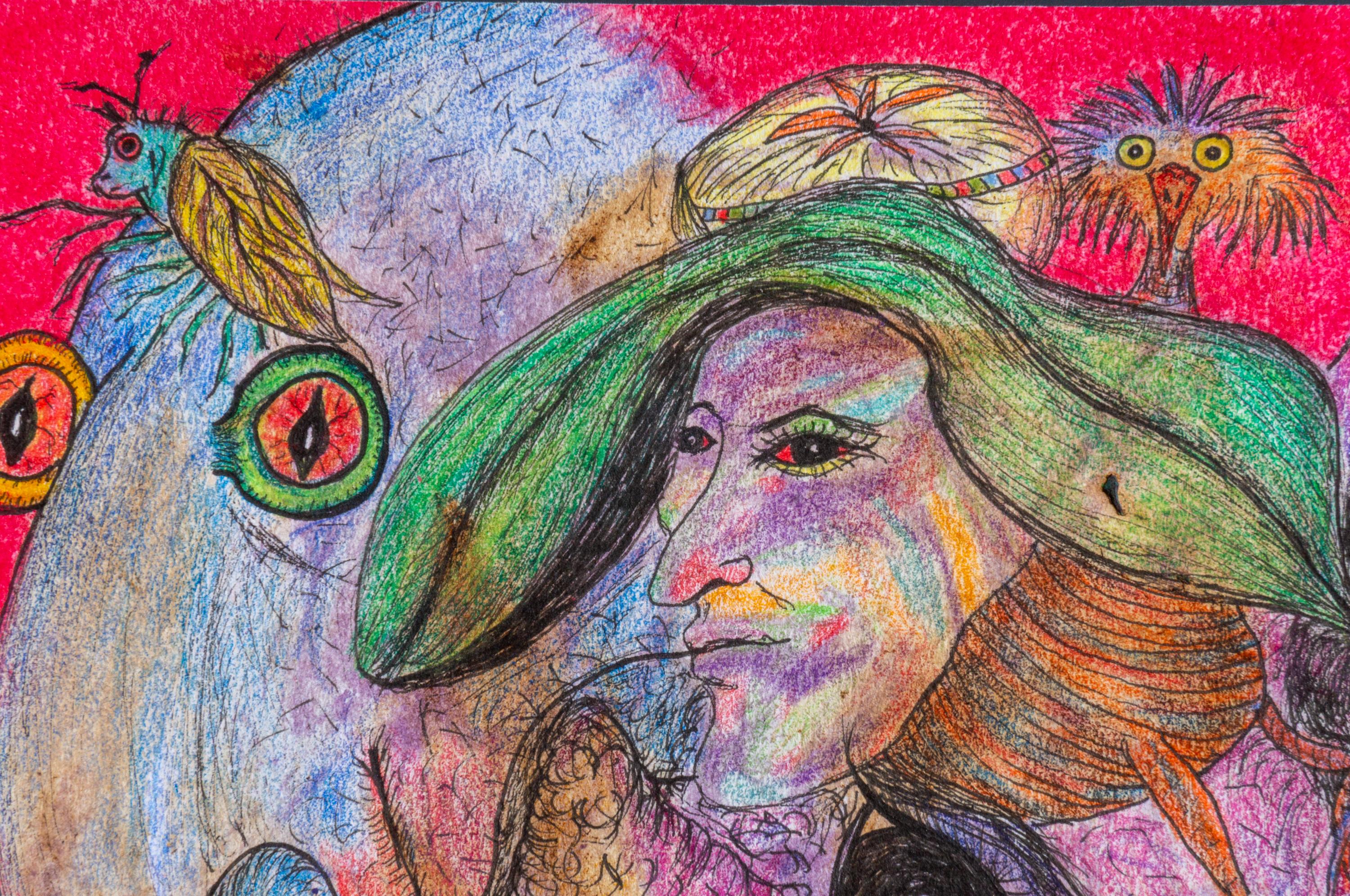 Drawing on paper with colored pencils and pastel on fuchsia. 