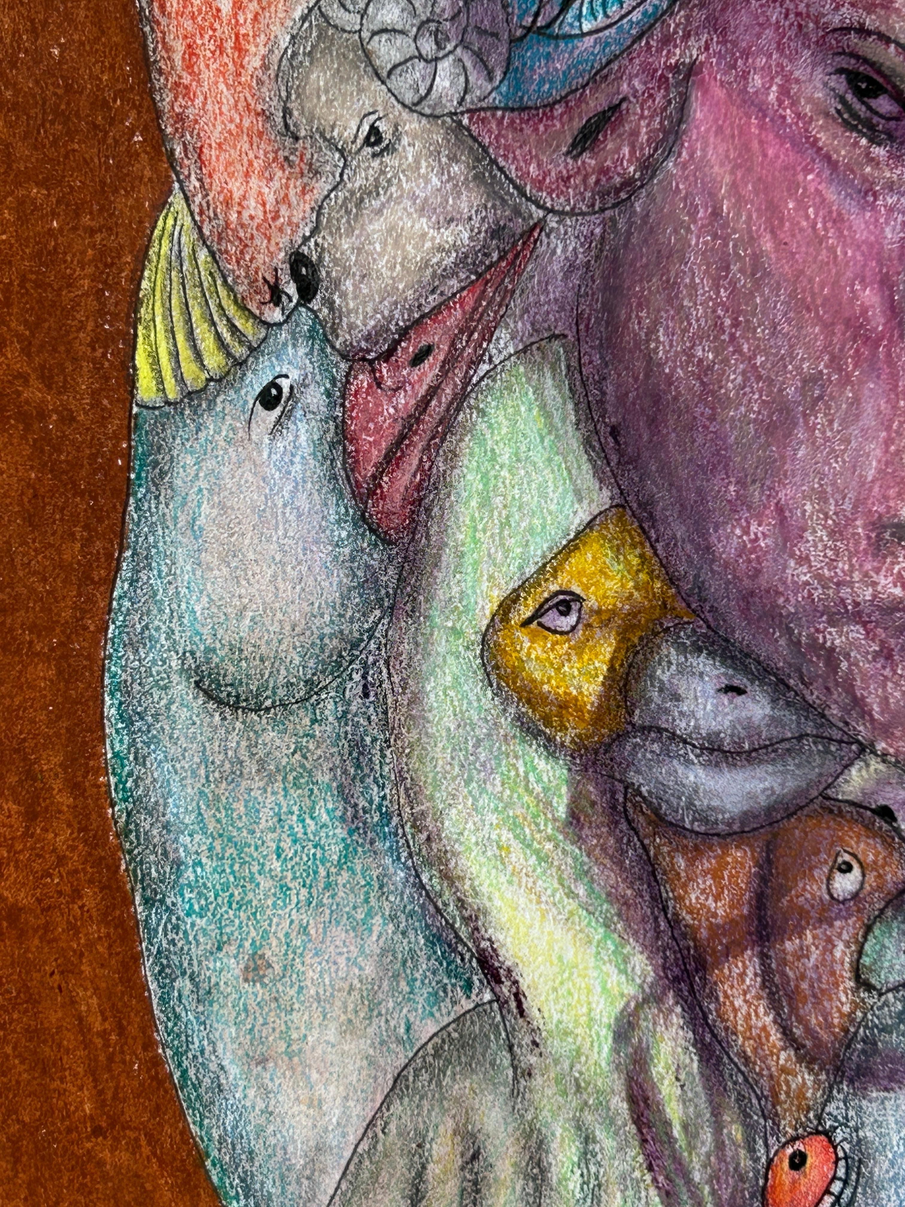 Ölpastell, Bleistift, Blütenblätter, Farbe und Tinte auf Papier.

Die Grundlage dieser Zeichnung ist Fabriano-Papier von 120g /m2. Ich verwende natürliche Farben von Blumen, Kräutern, Blättern und Baumrinde als ersten Zeichenprozess, dann zeichne